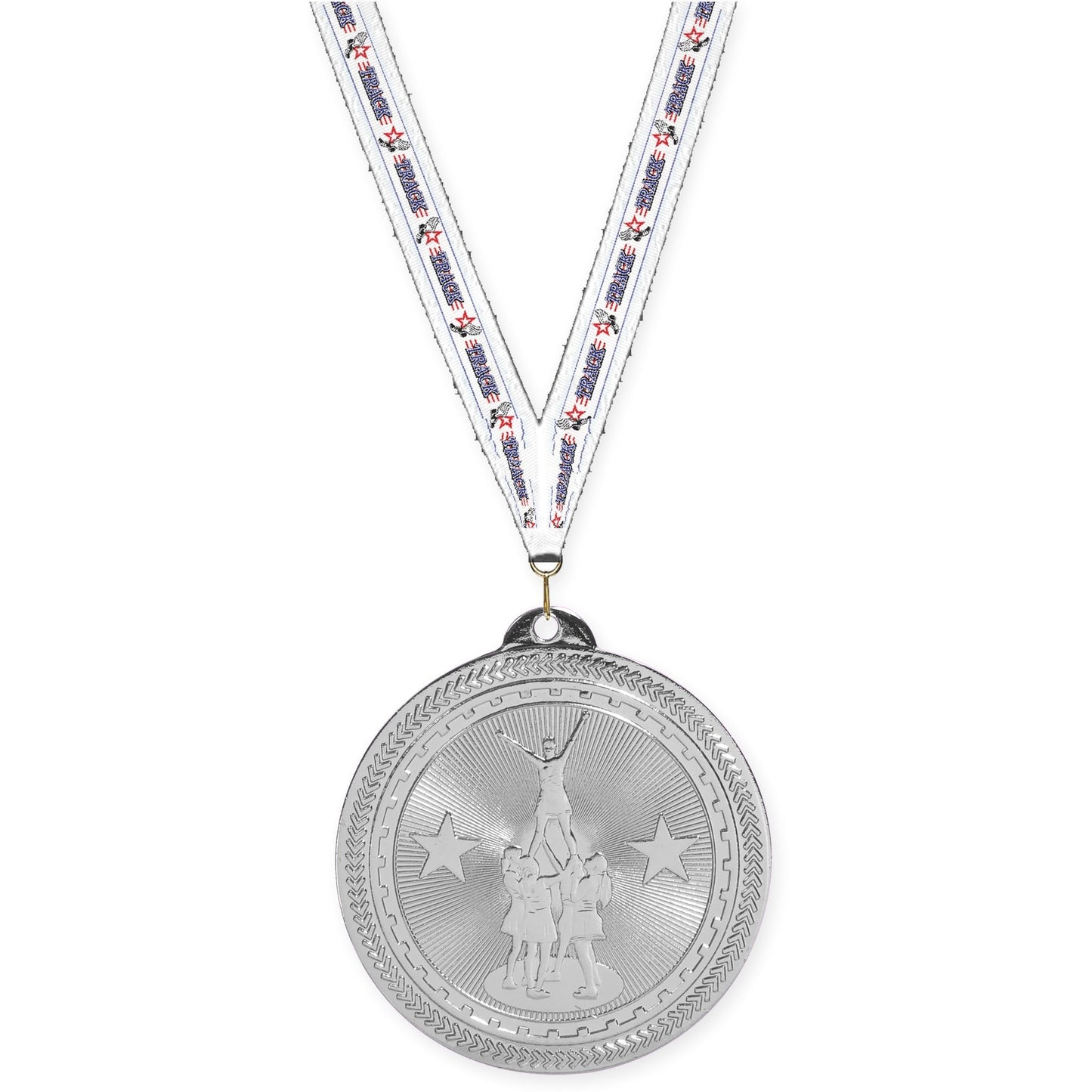 2 inch competitive cheer Sunburst medal in bright silver with Track neck ribbon