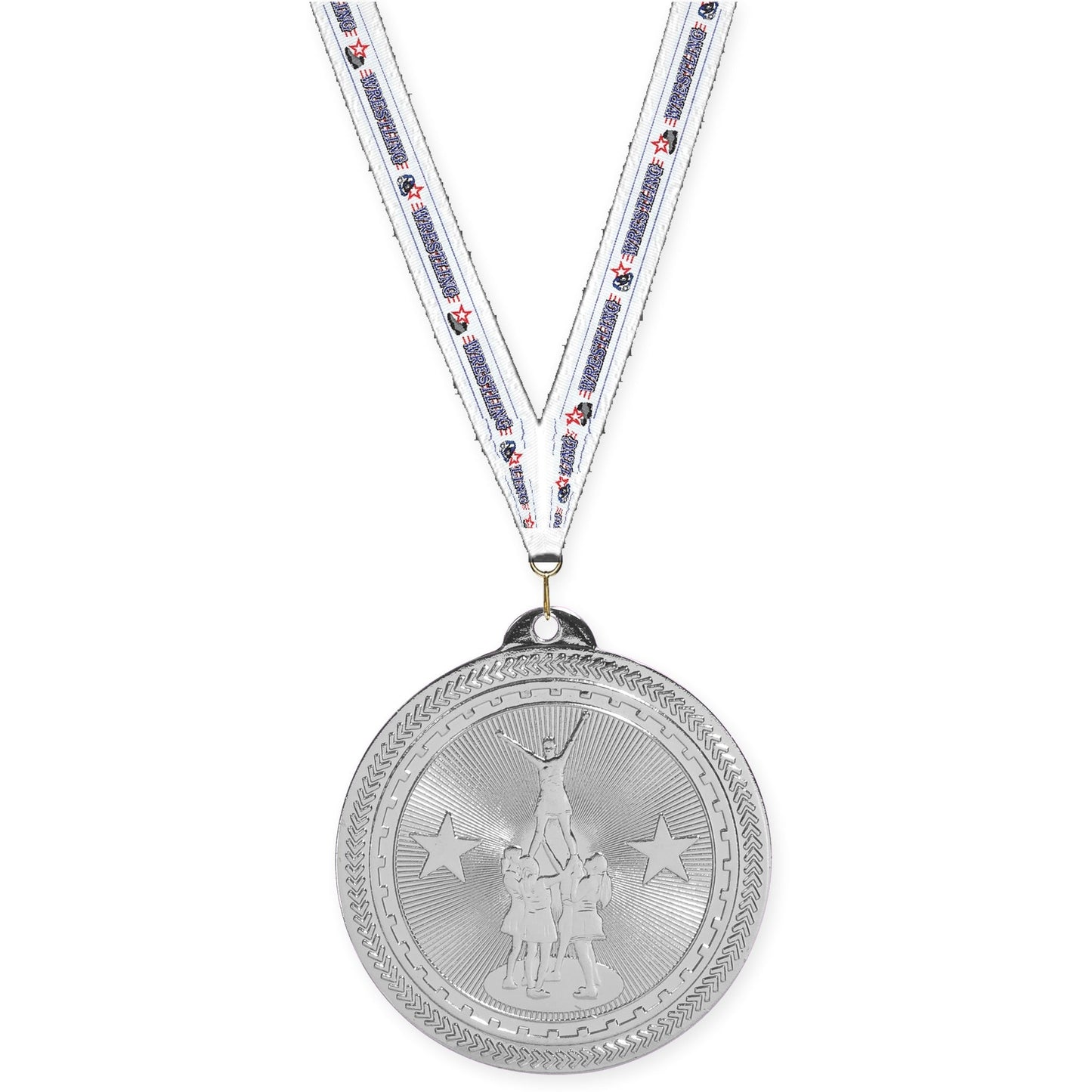 2 inch competitive cheer Sunburst medal in bright silver with Wrestling neck ribbon