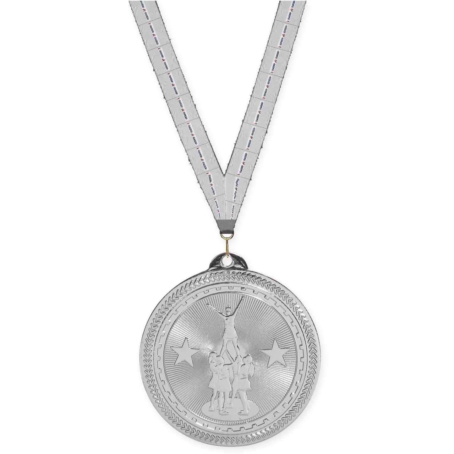 2 inch competitive cheer Sunburst medal in bright silver with Auto Racing neck ribbon