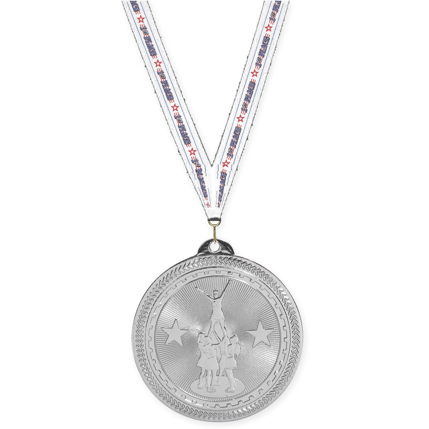 2 inch competitive cheer Sunburst medal in bright silver with 1st Place neck ribbon