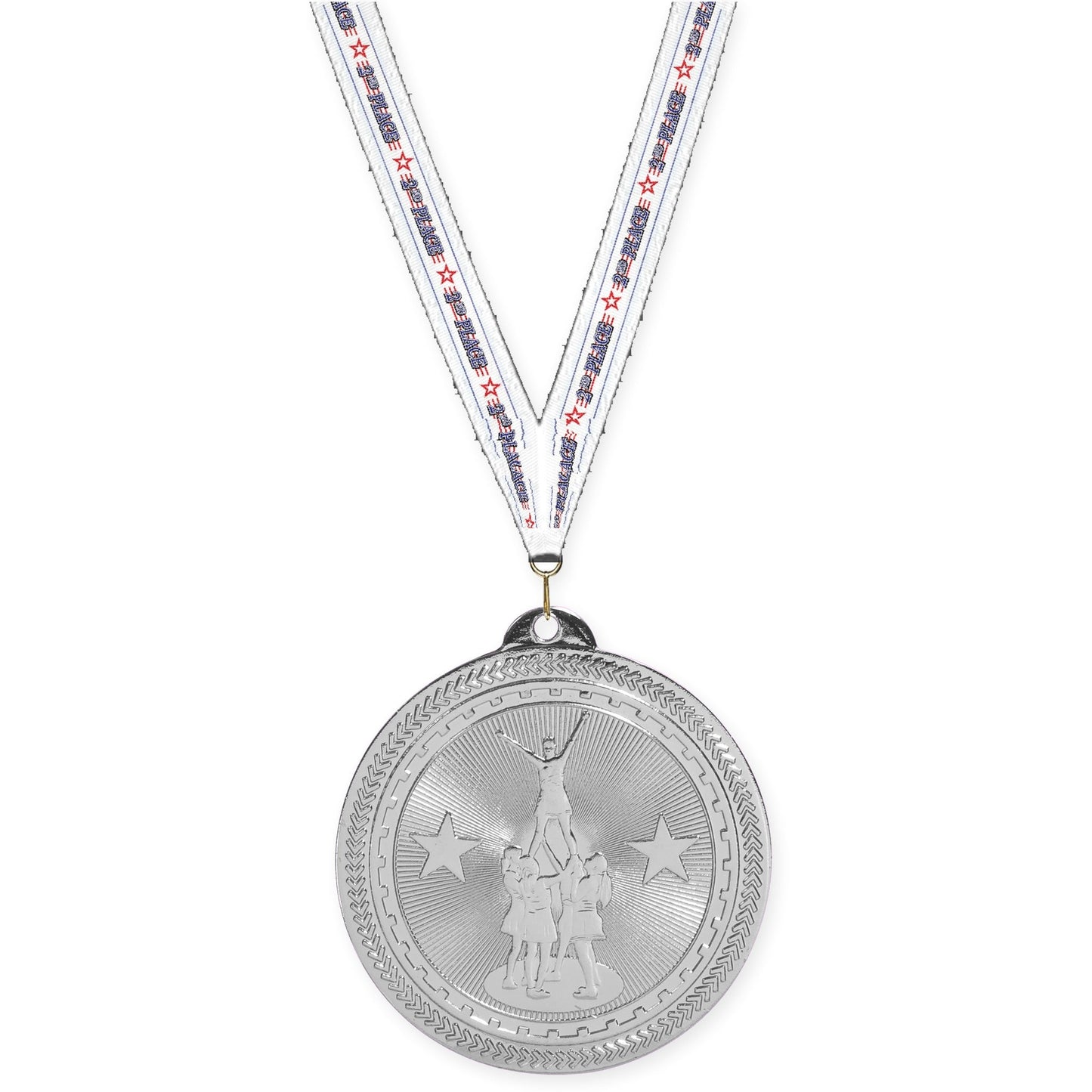 2 inch competitive cheer Sunburst medal in bright silver with 2nd Place neck ribbon