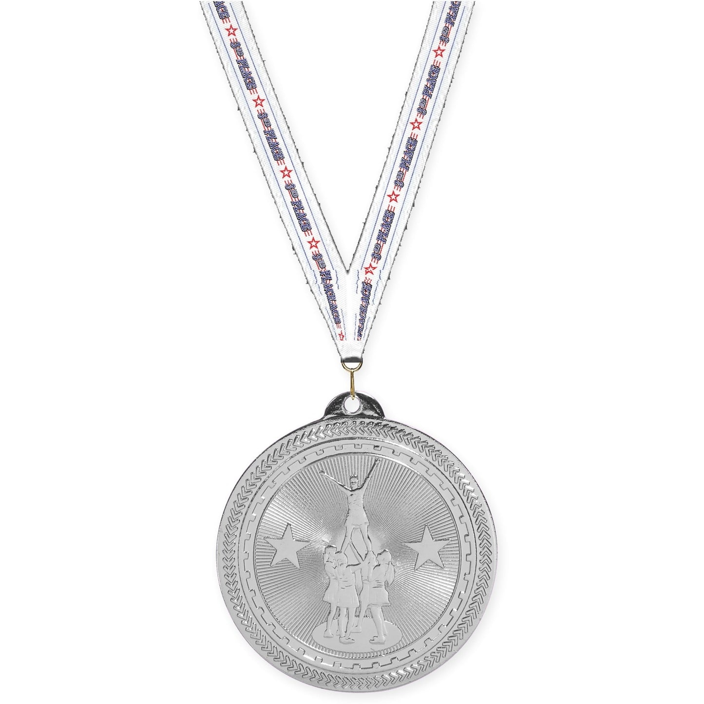 2 inch competitive cheer Sunburst medal in bright silver with 3rd Place neck ribbon