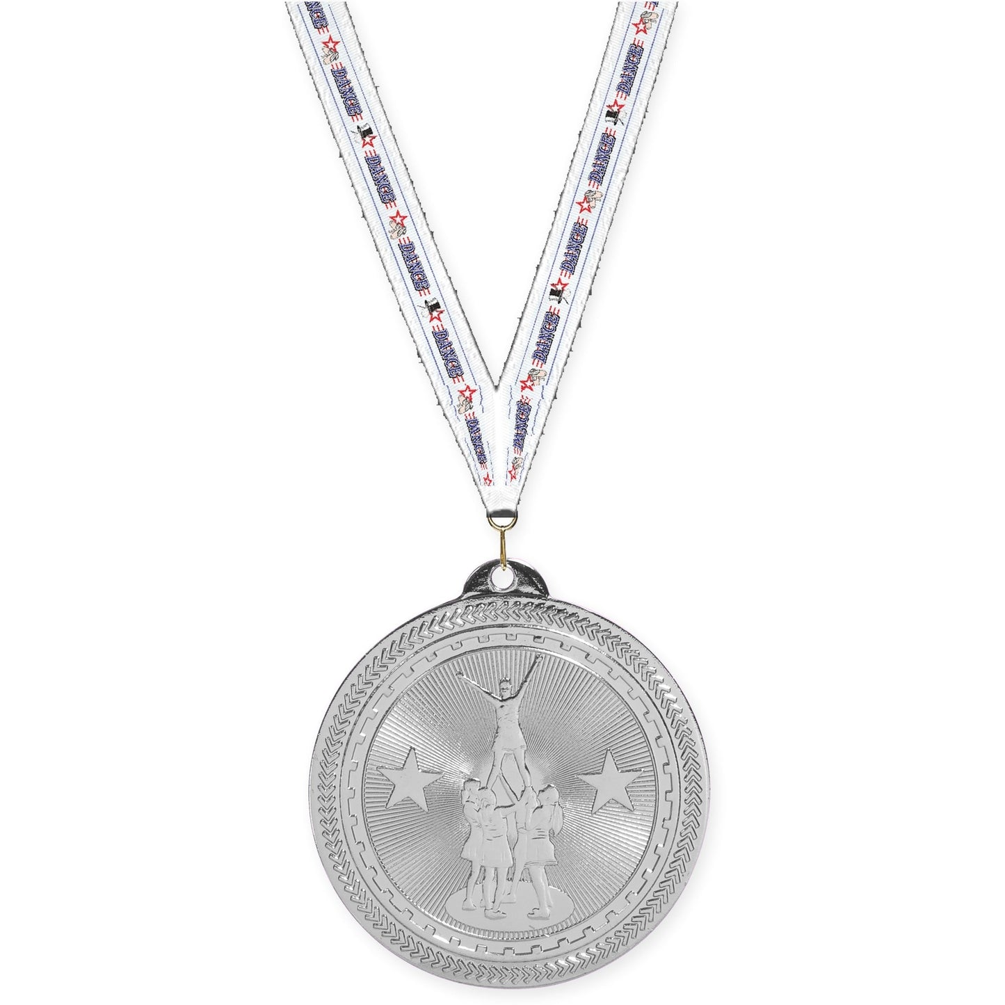 2 inch competitive cheer Sunburst medal in bright silver with Dance neck ribbon