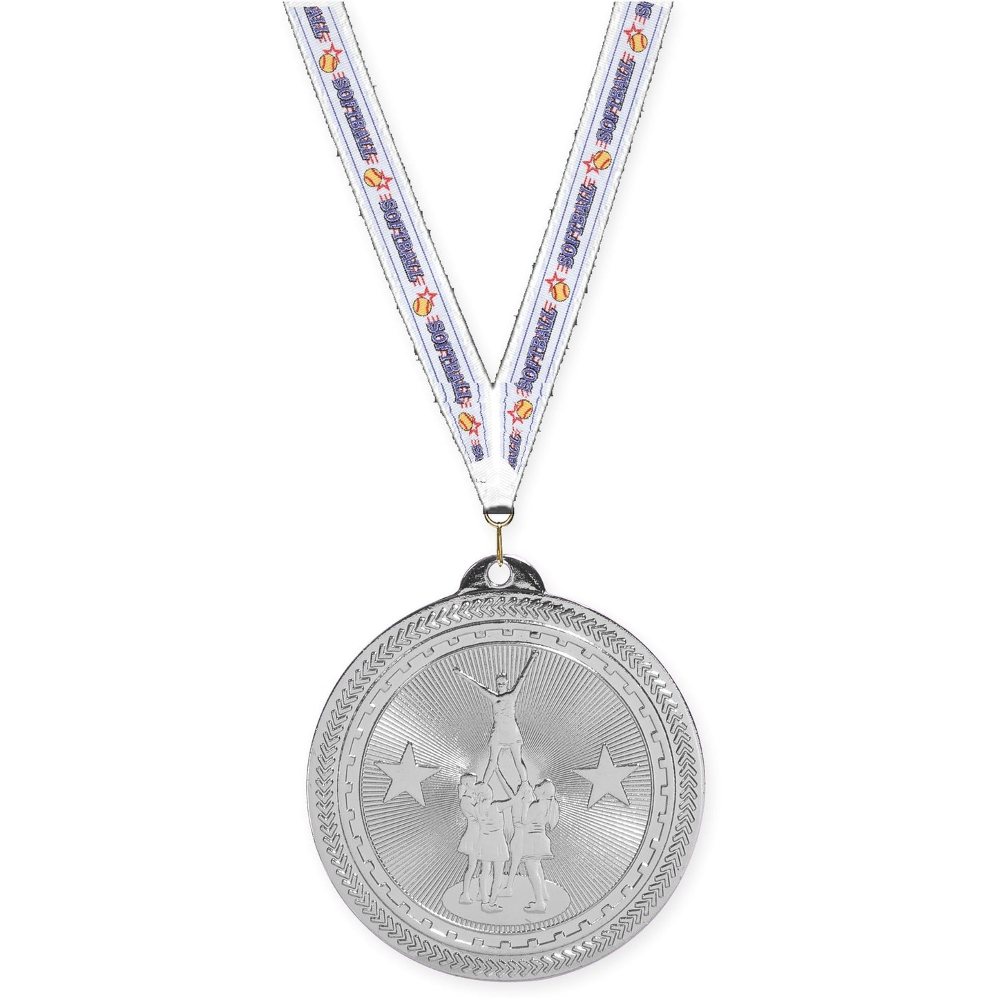 2 inch competitive cheer Sunburst medal in bright silver with Softball neck ribbon