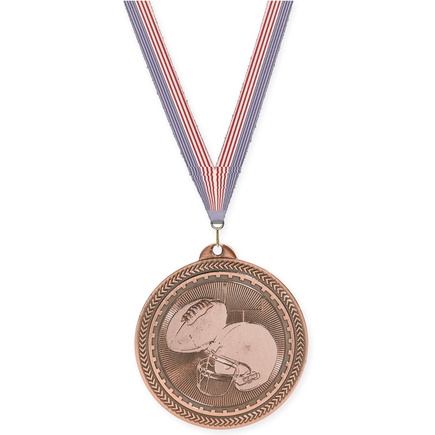2 inch football Sunburst medal in antique bronze with USA Flag neck ribbon