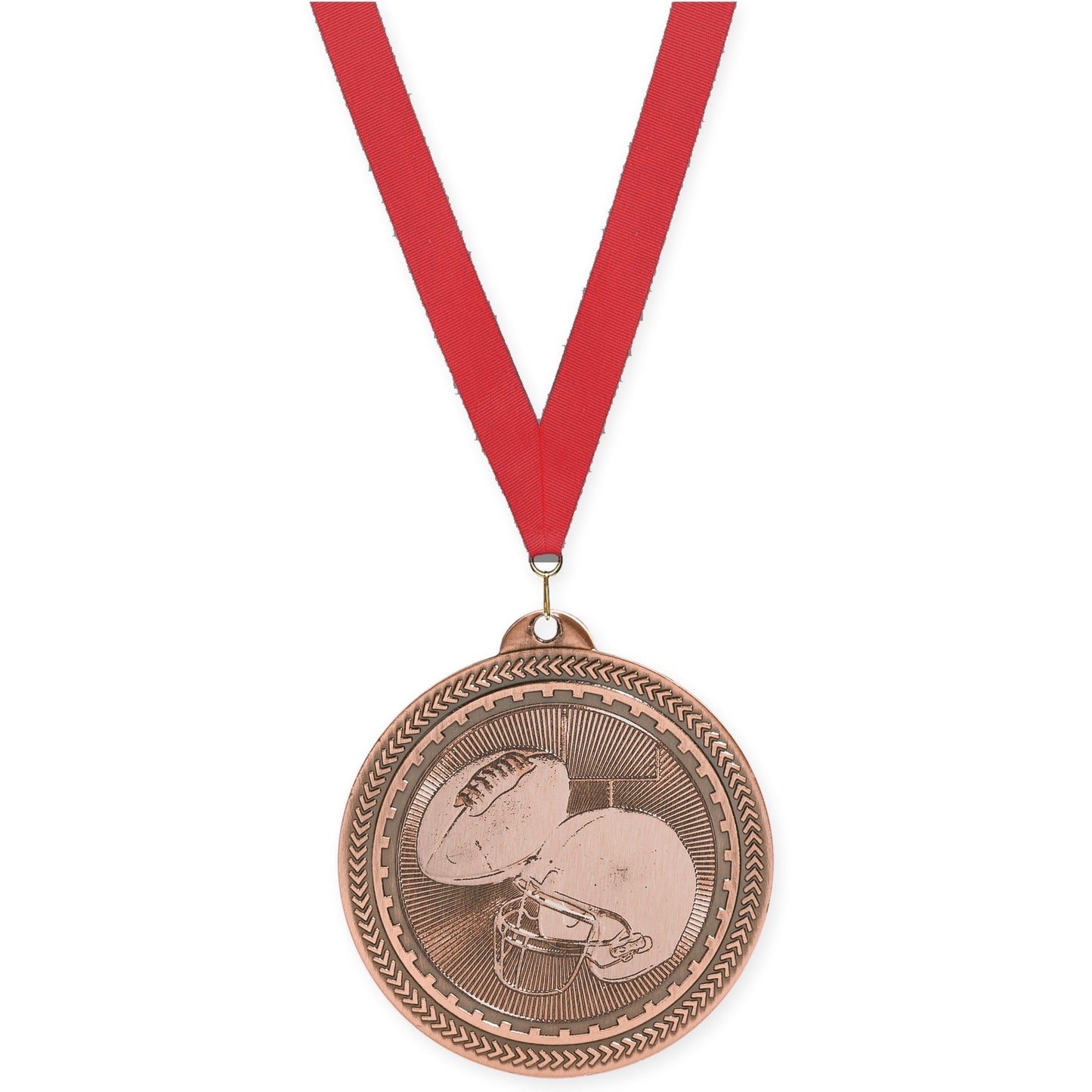 2 inch football Sunburst medal in antique bronze with Red neck ribbon
