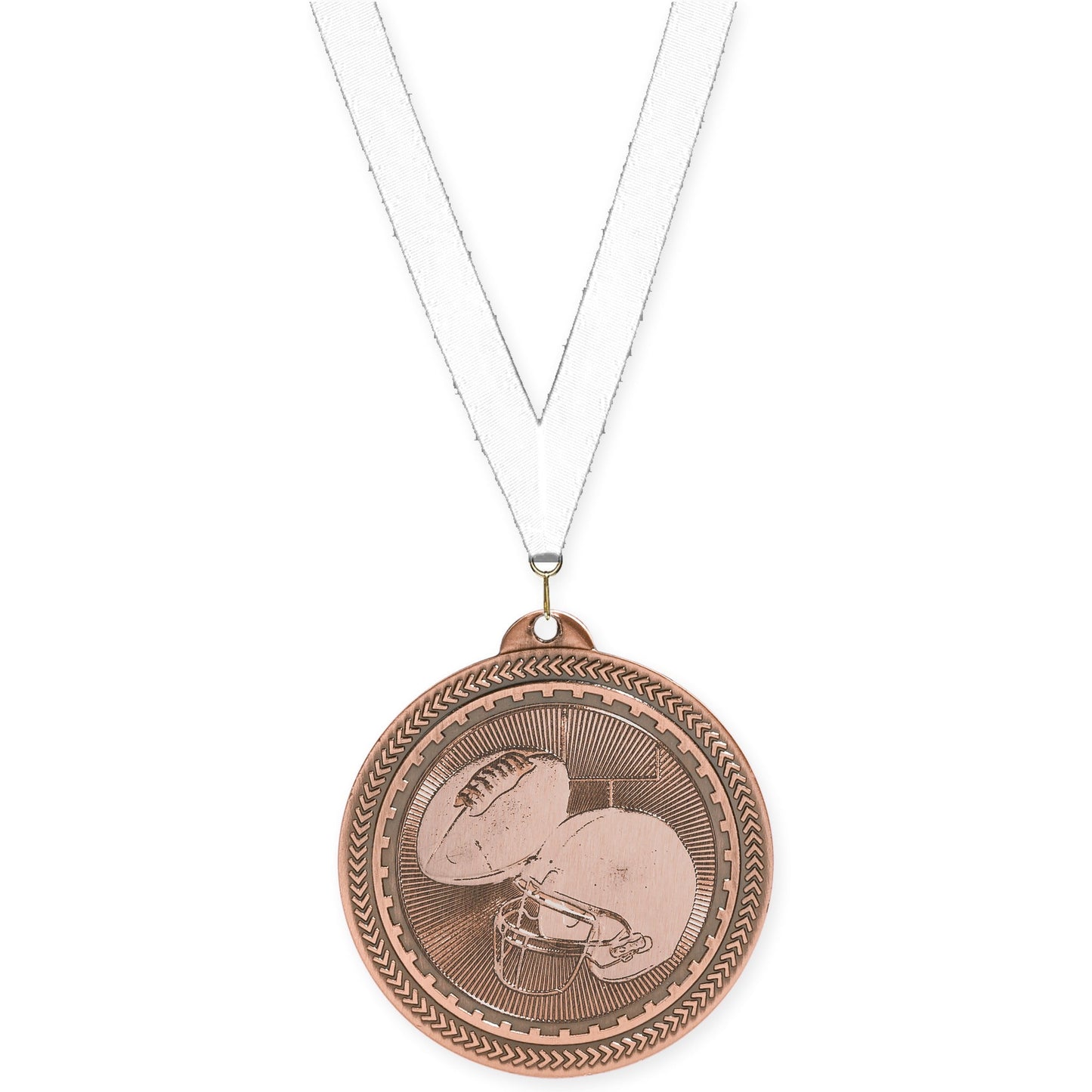 2 inch football Sunburst medal in antique bronze with White neck ribbon