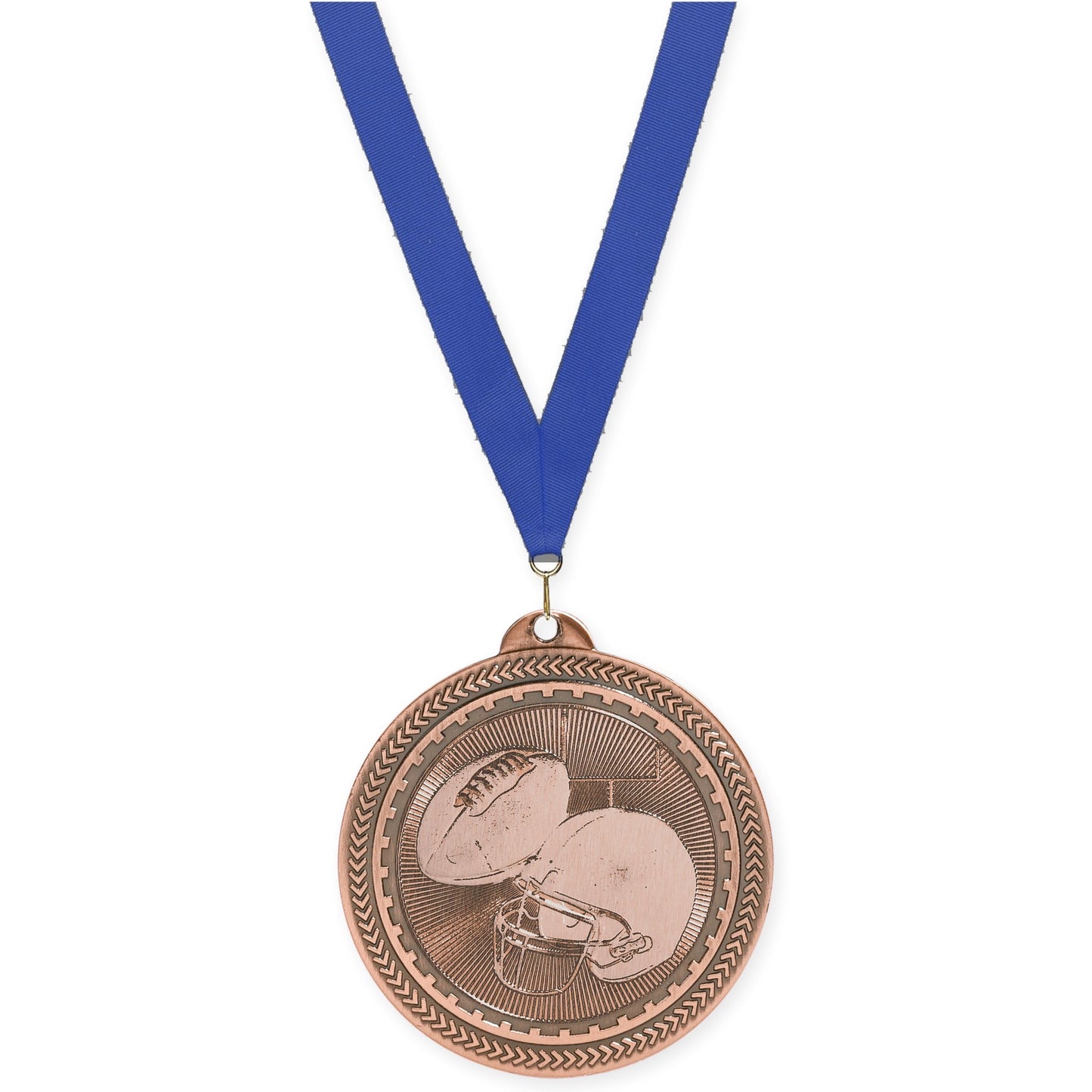 2 inch football Sunburst medal in antique bronze with Blue neck ribbon
