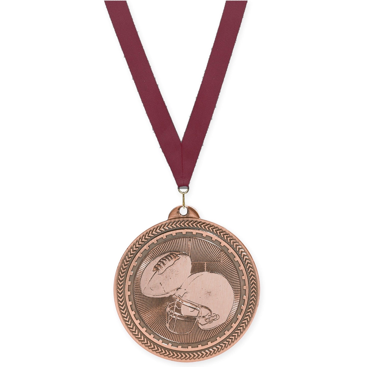 2 inch football Sunburst medal in antique bronze with Maroon neck ribbon