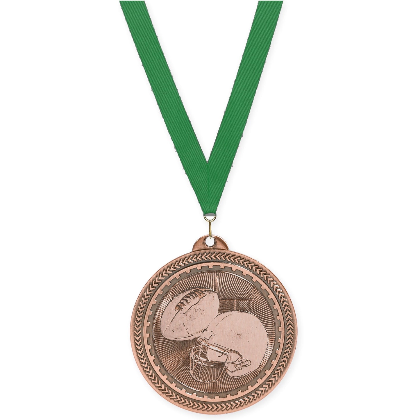 2 inch football Sunburst medal in antique bronze with Green neck ribbon
