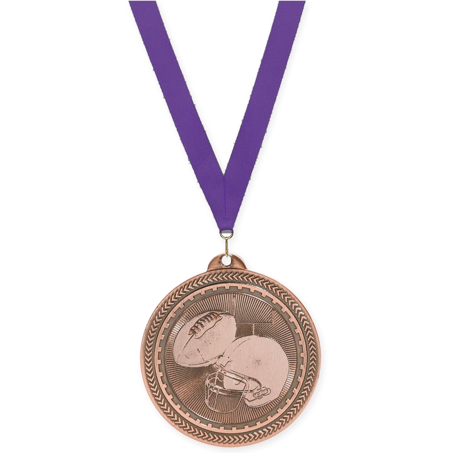 2 inch football Sunburst medal in antique bronze with Purple neck ribbon
