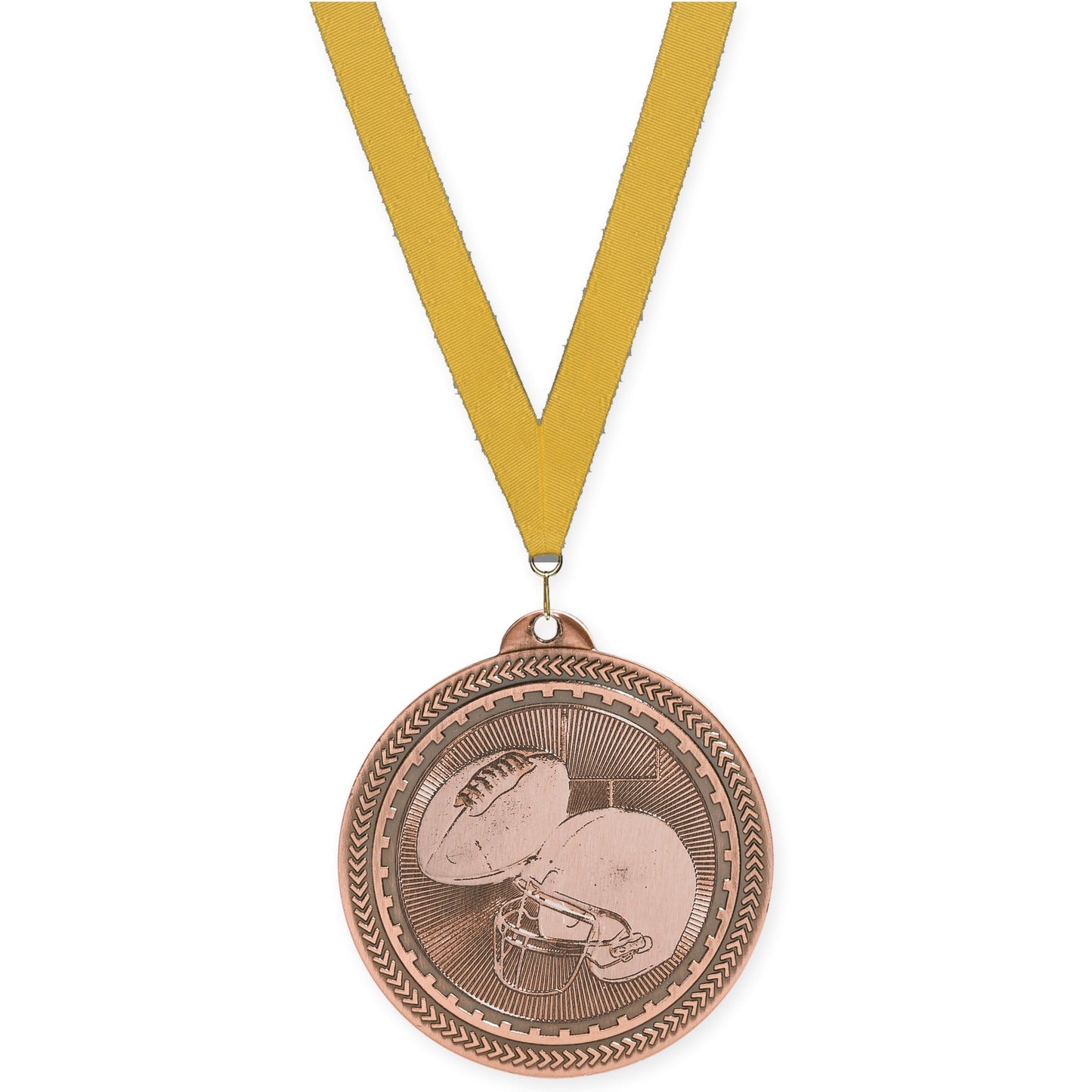 2 inch football Sunburst medal in antique bronze with Gold neck ribbon