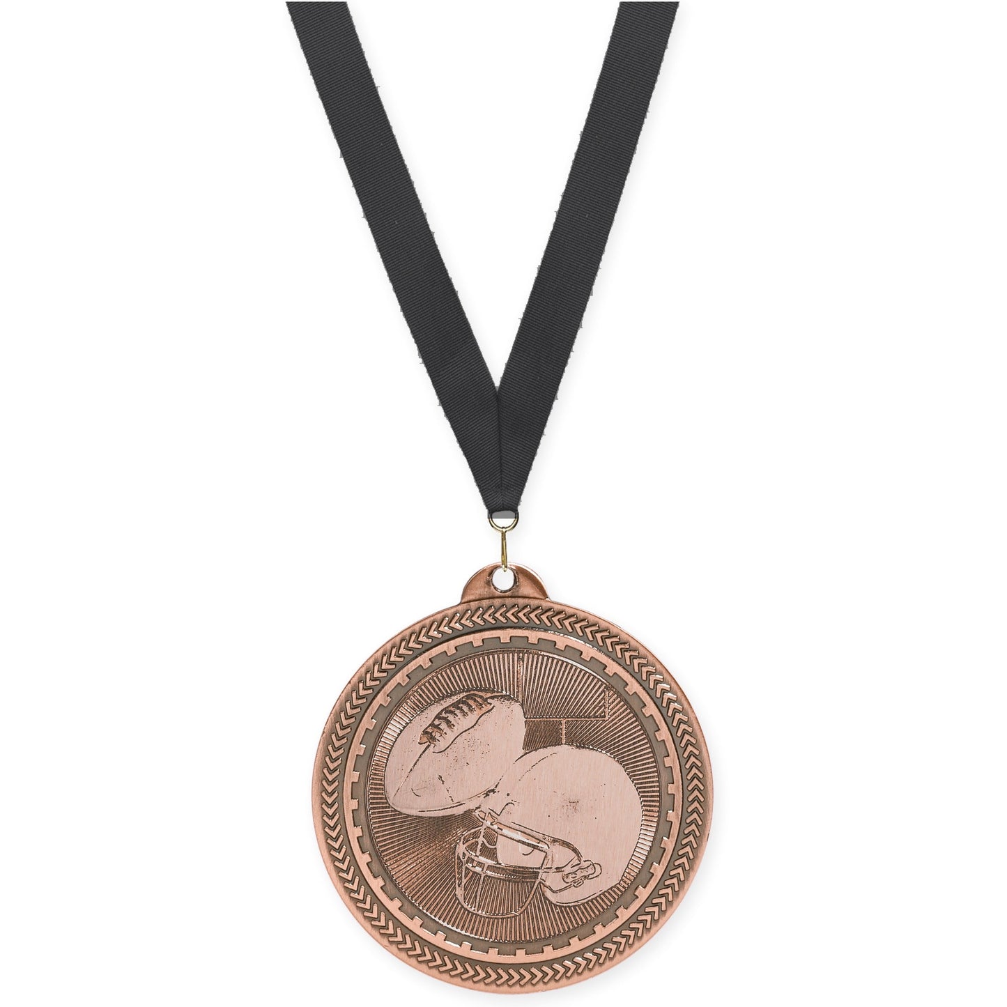2 inch football Sunburst medal in antique bronze with Black neck ribbon