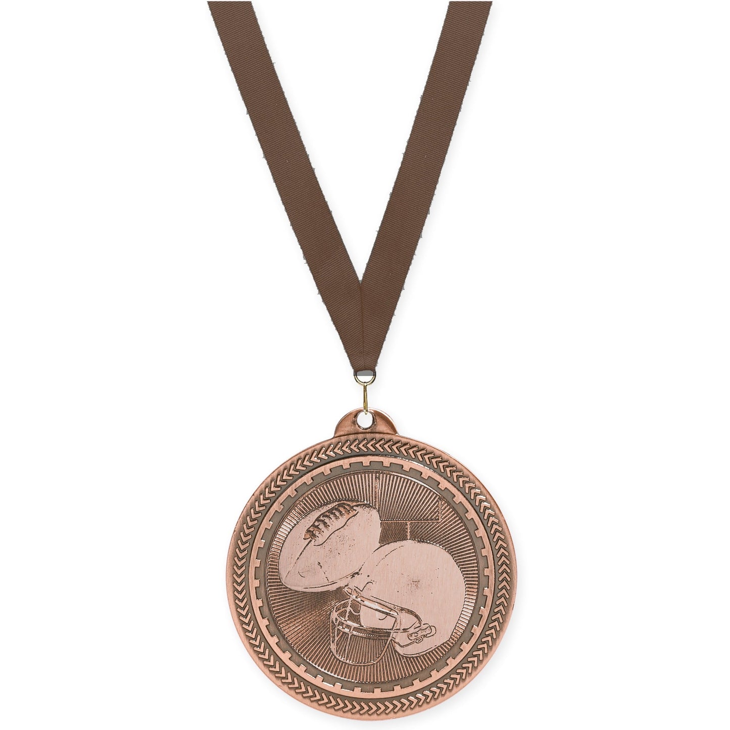 2 inch football Sunburst medal in antique bronze with Brown neck ribbon