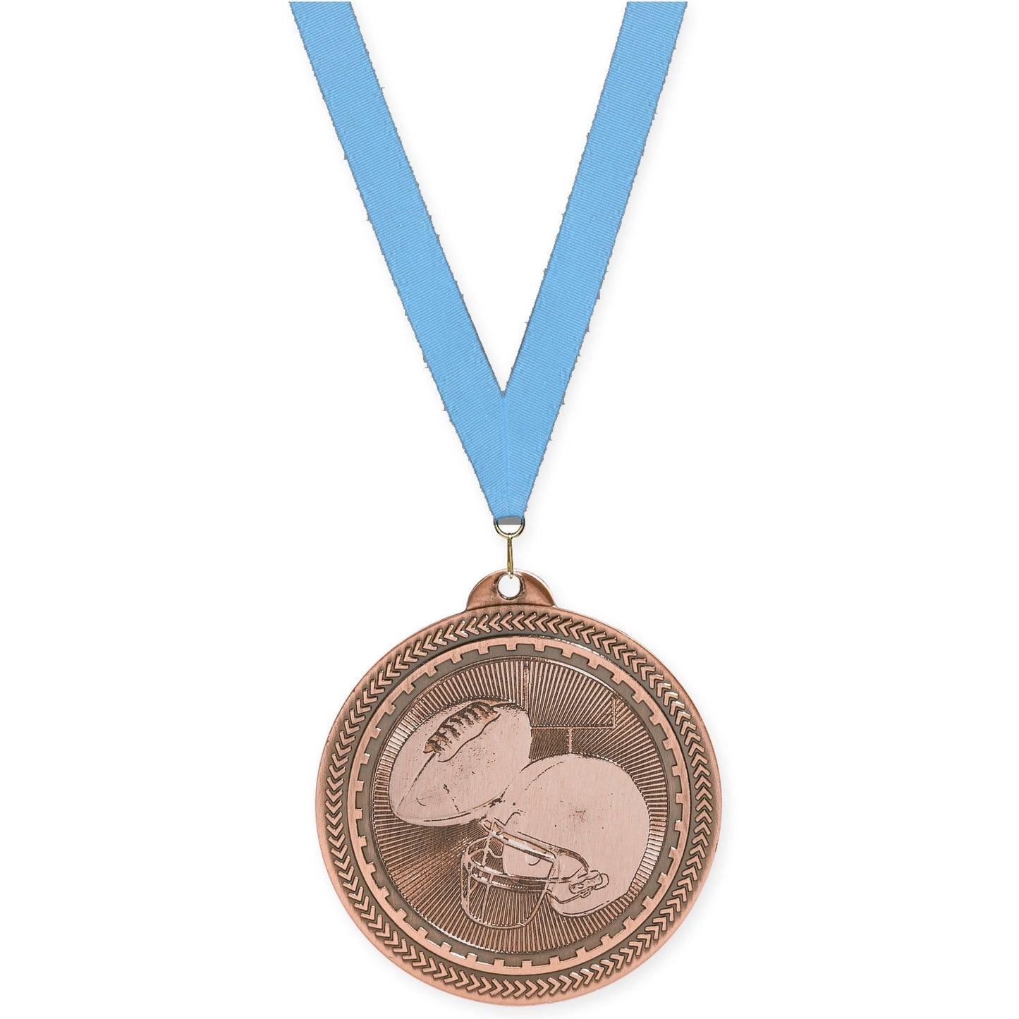 2 inch football Sunburst medal in antique bronze with Light Blue neck ribbon
