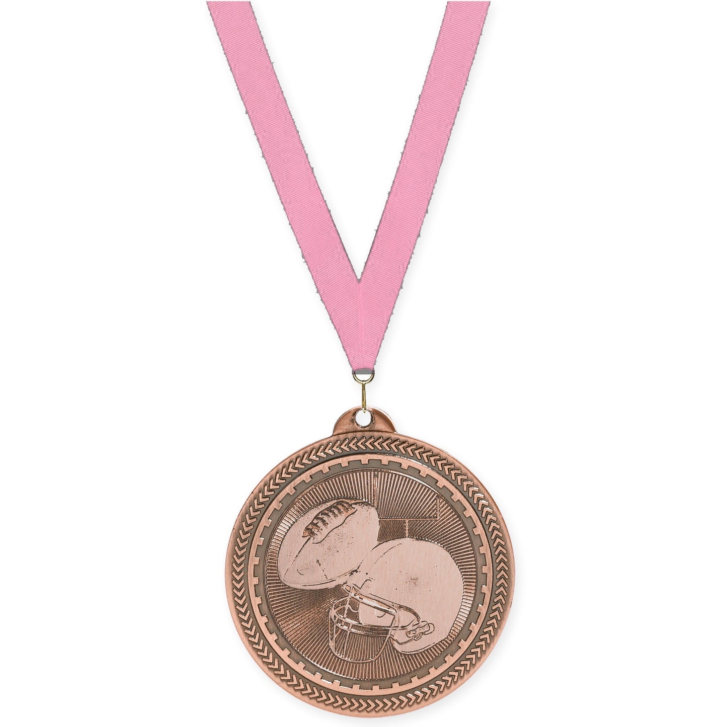 2 inch football Sunburst medal in antique bronze with Pink neck ribbon