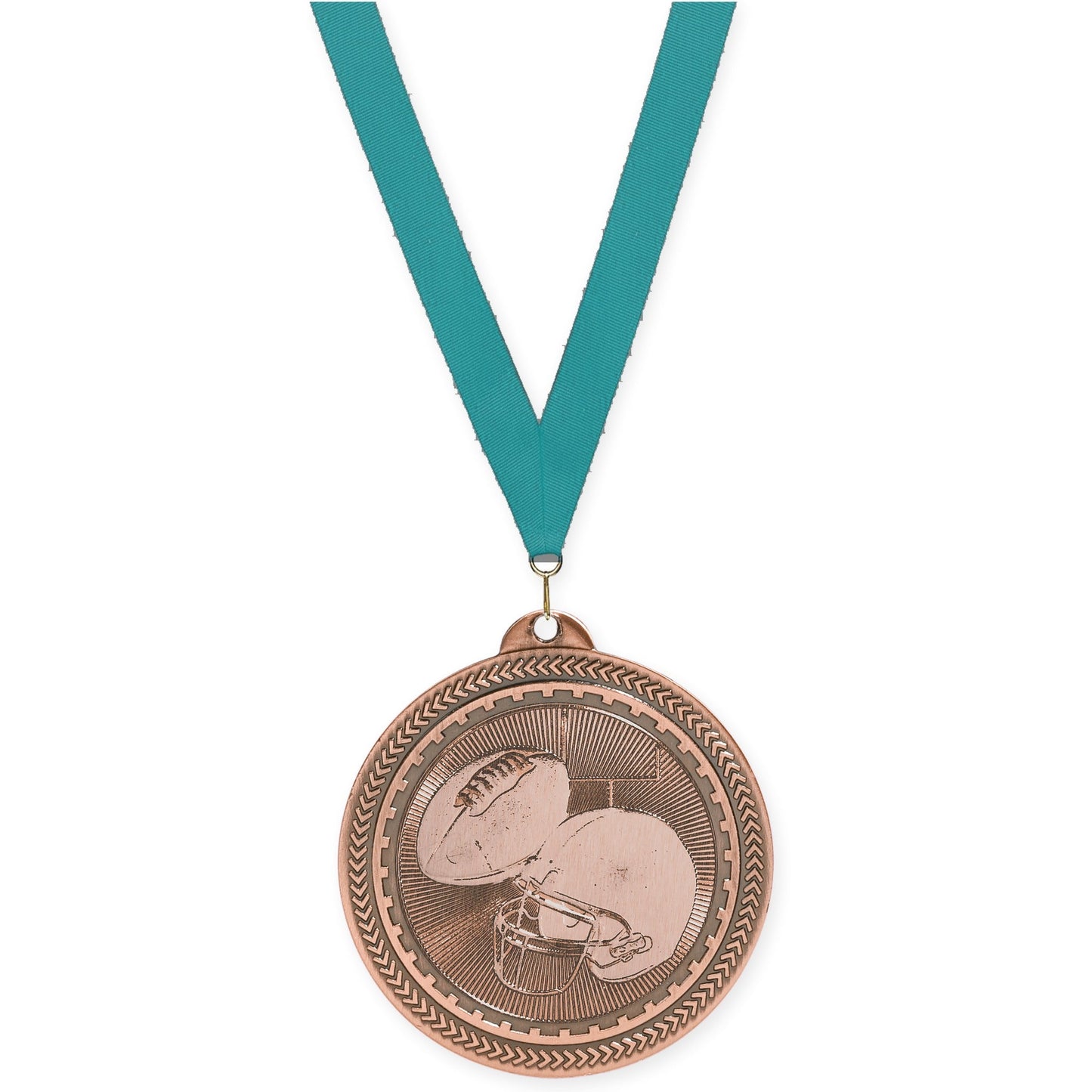 2 inch football Sunburst medal in antique bronze with Teal neck ribbon