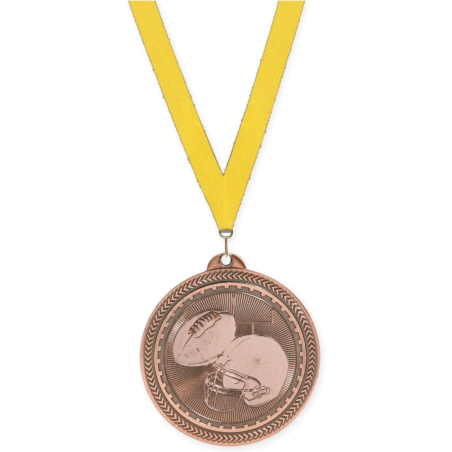 2 inch football Sunburst medal in antique bronze with Yellow neck ribbon