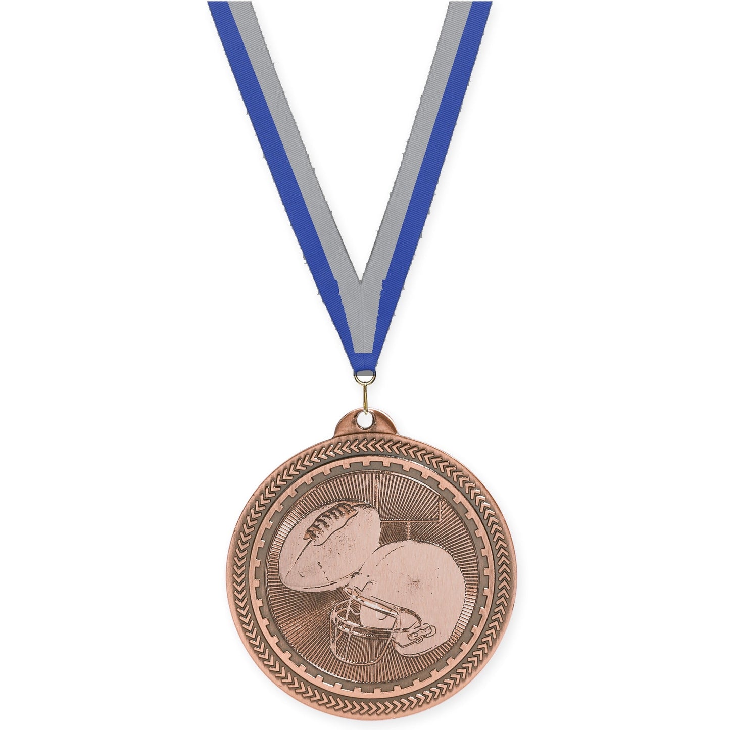 2 inch football Sunburst medal in antique bronze with Blue Gray neck ribbon