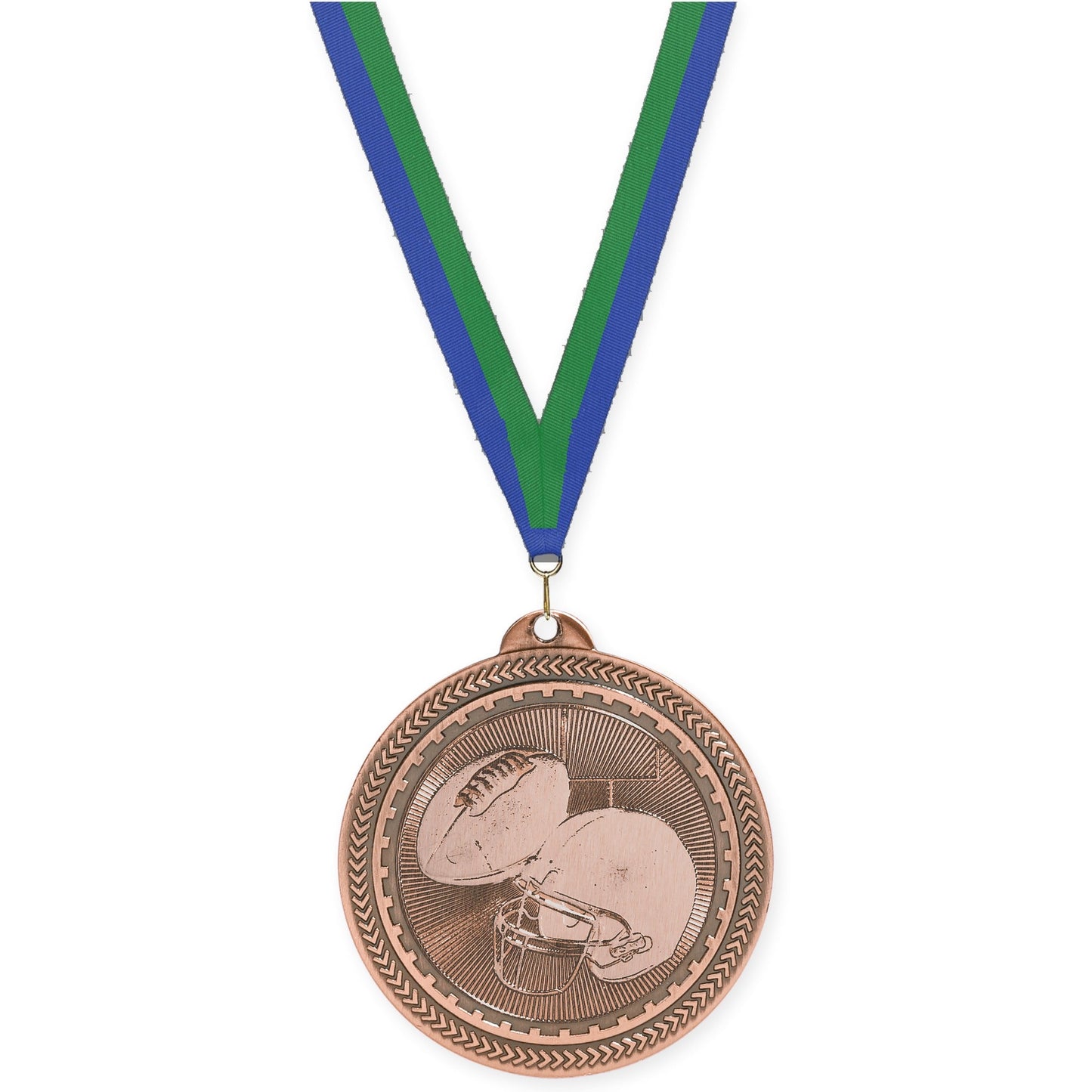 2 inch football Sunburst medal in antique bronze with Blue Green neck ribbon