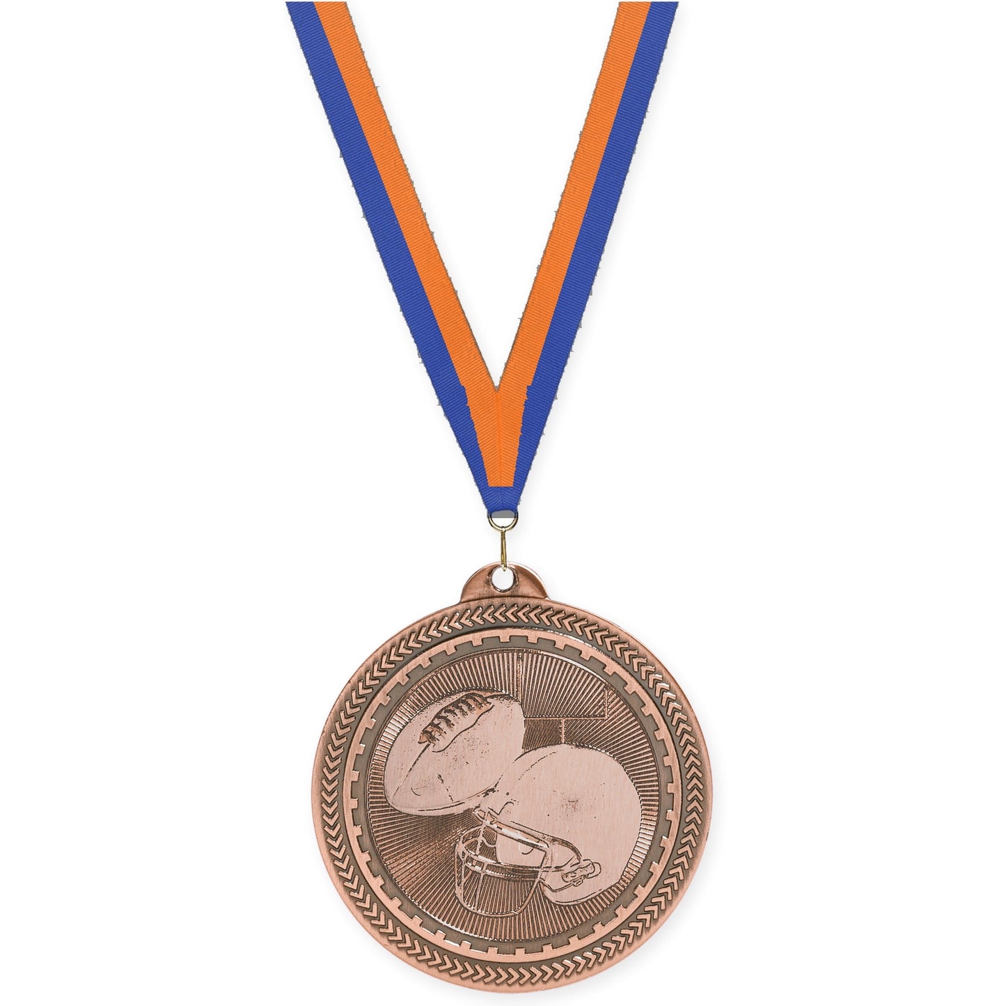 2 inch football Sunburst medal in antique bronze with Blue Orange neck ribbon