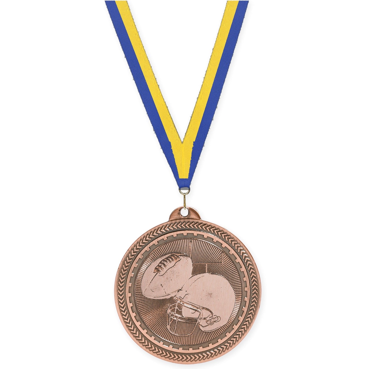 2 inch football Sunburst medal in antique bronze with Blue Yellow neck ribbon