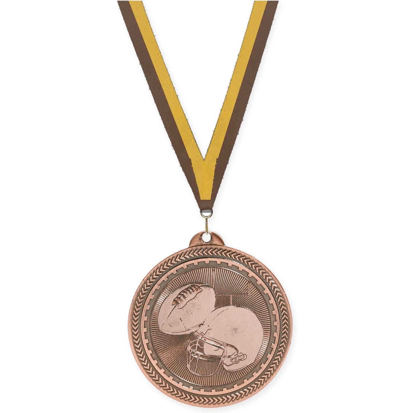 2 inch football Sunburst medal in antique bronze with Brown Gold neck ribbon