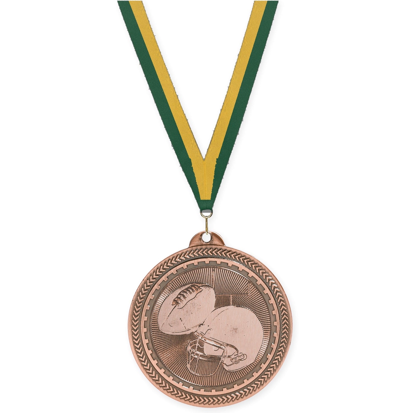 2 inch football Sunburst medal in antique bronze with Hunter Green Gold neck ribbon