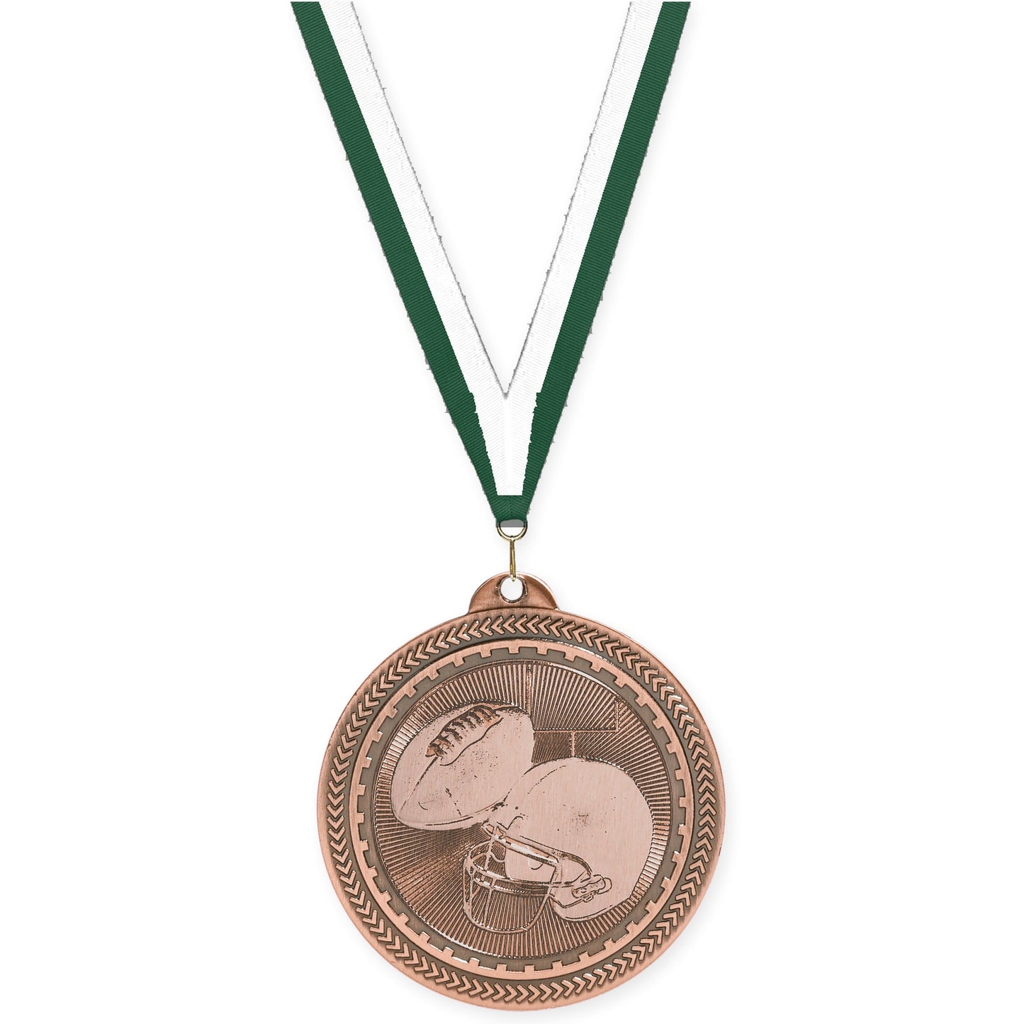 2 inch football Sunburst medal in antique bronze with Hunter Green White neck ribbon