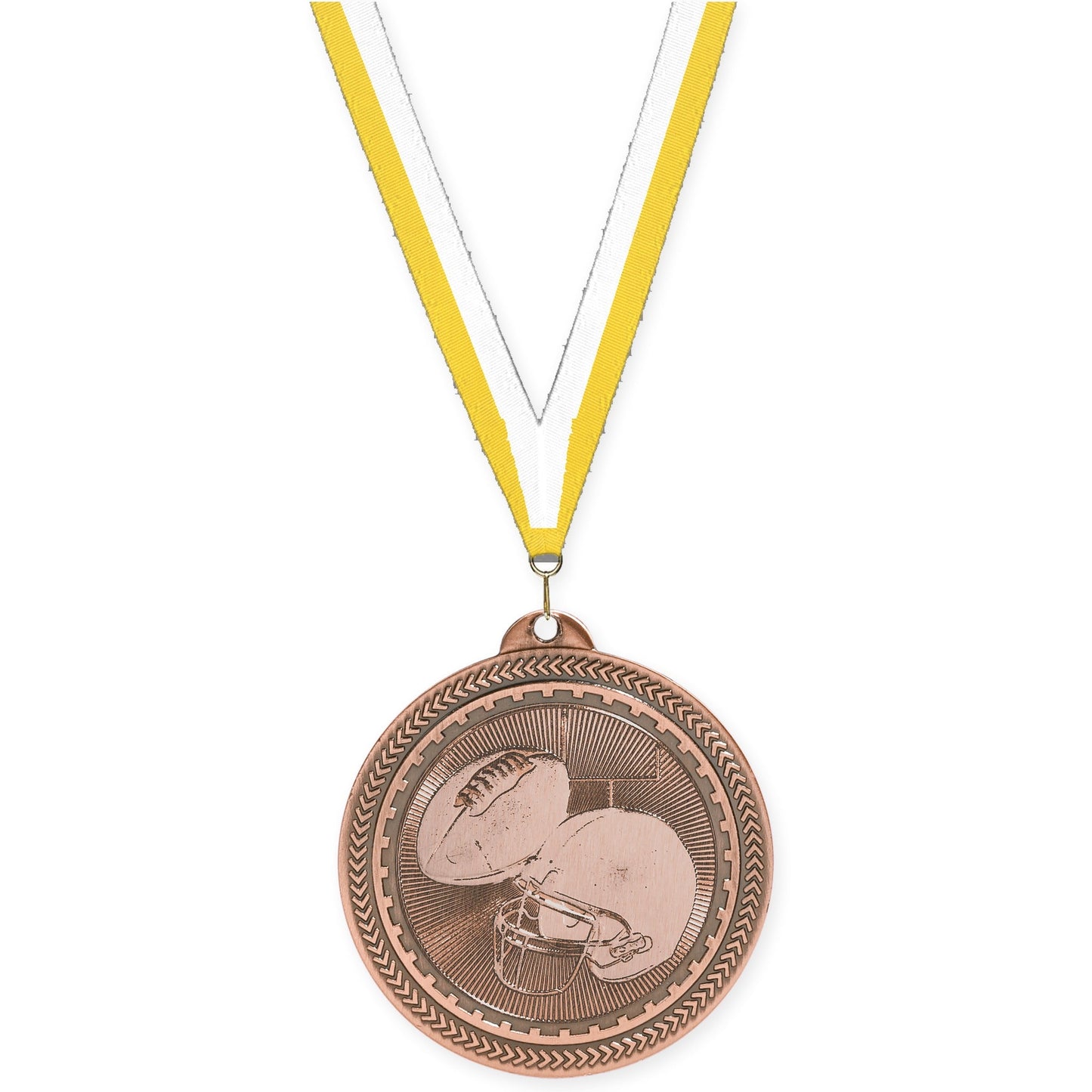 2 inch football Sunburst medal in antique bronze with Yellow White neck ribbon