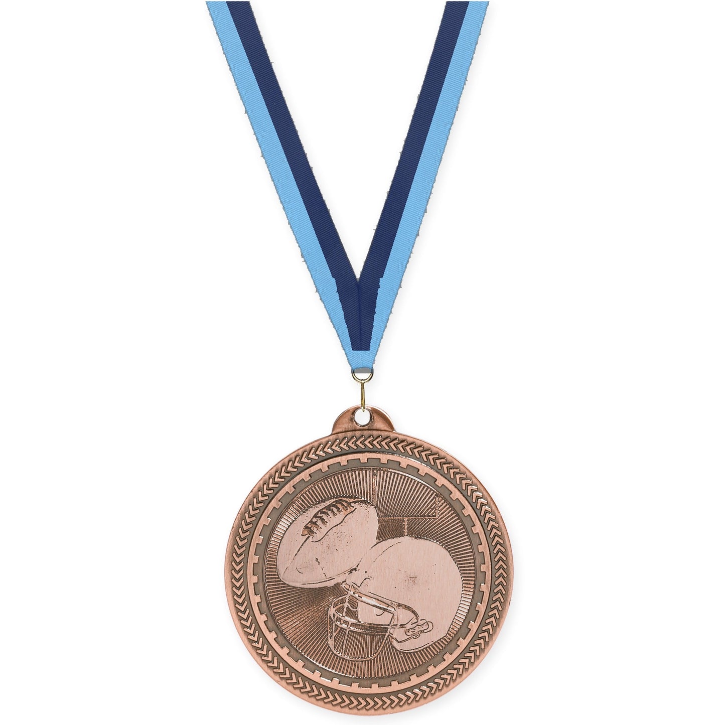 2 inch football Sunburst medal in antique bronze with Light Blue Navy neck ribbon