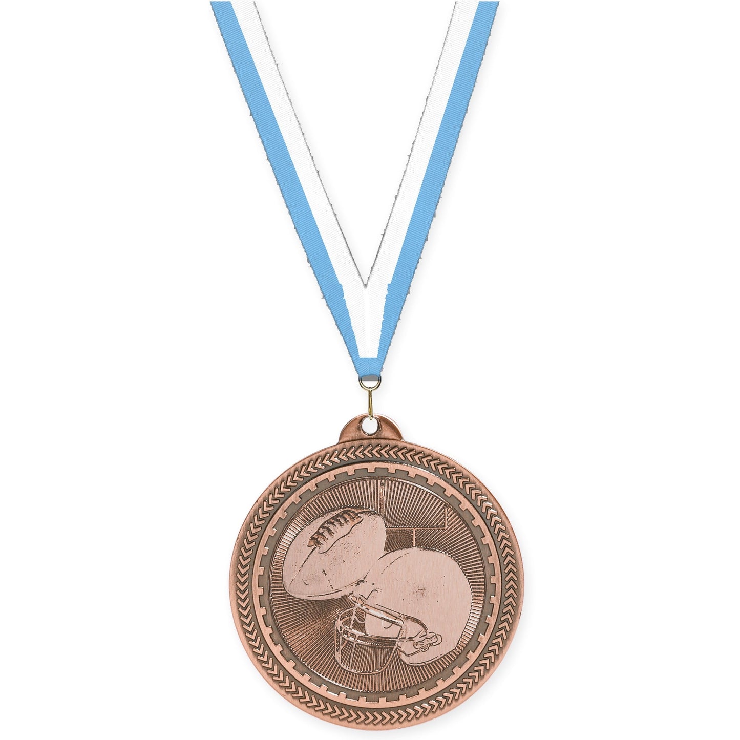 2 inch football Sunburst medal in antique bronze with Light Blue White neck ribbon