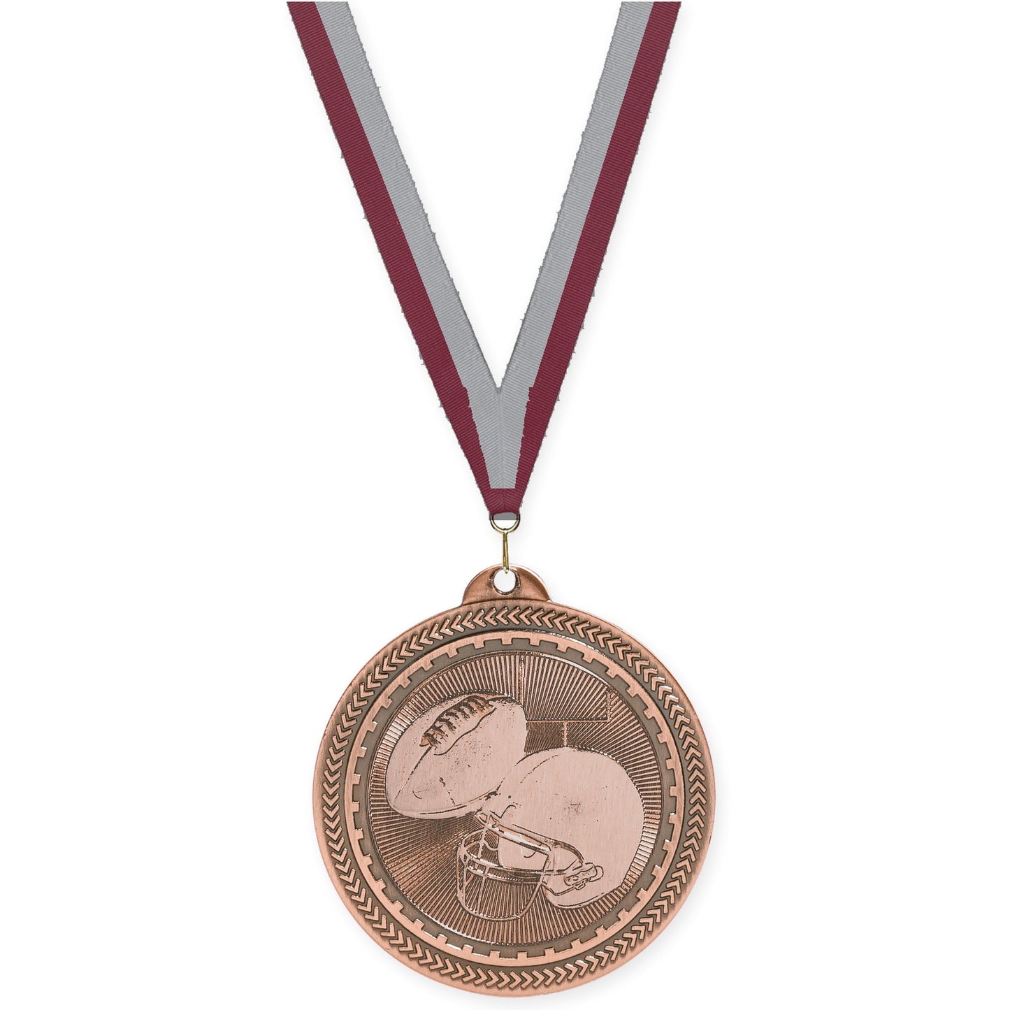 2 inch football Sunburst medal in antique bronze with Maroon Gray neck ribbon
