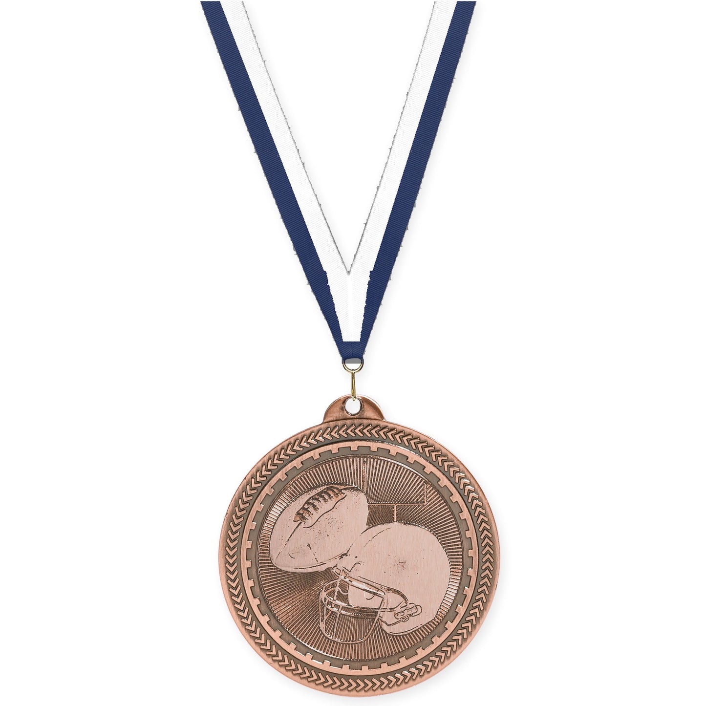 2 inch football Sunburst medal in antique bronze with Navy White neck ribbon