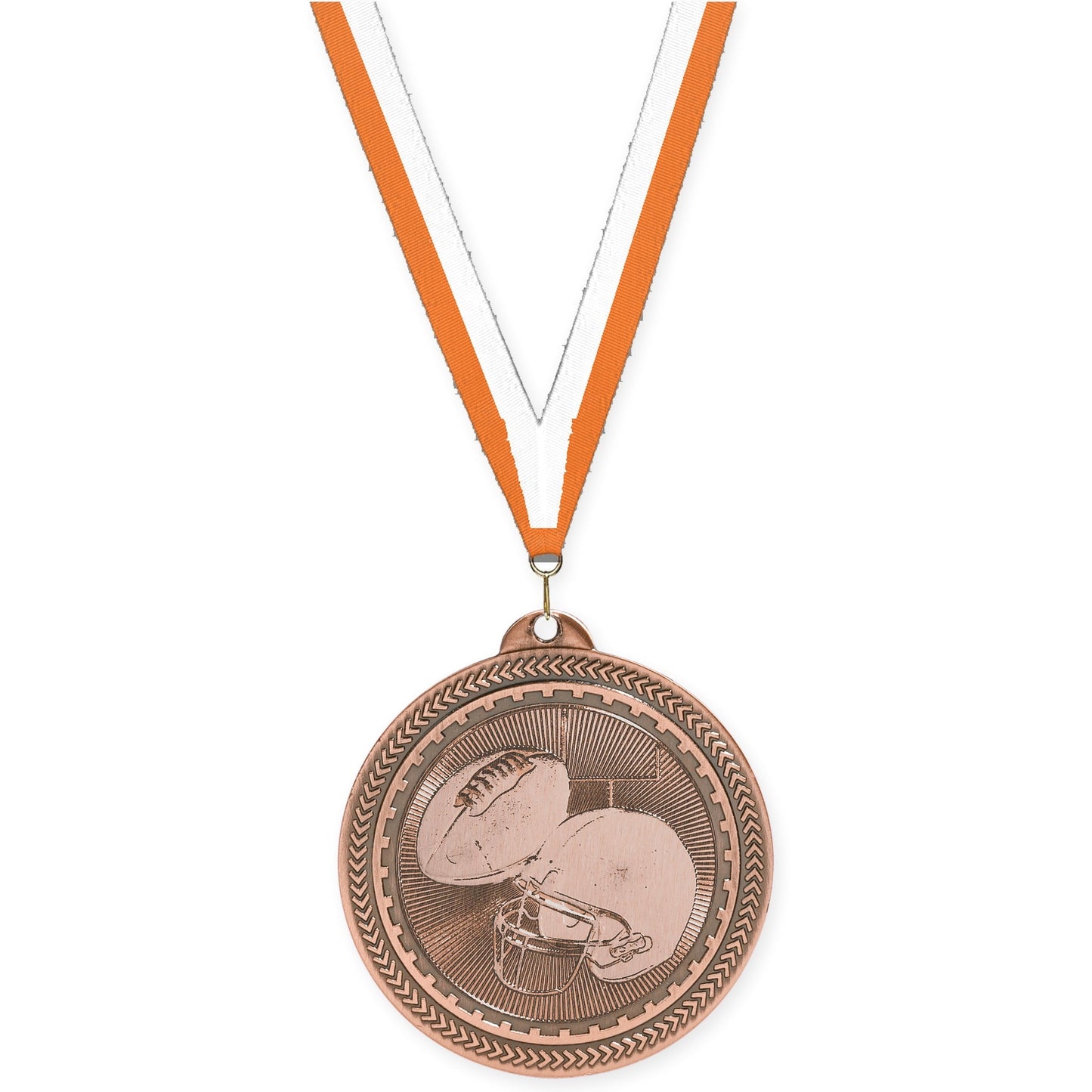 2 inch football Sunburst medal in antique bronze with Orange White neck ribbon