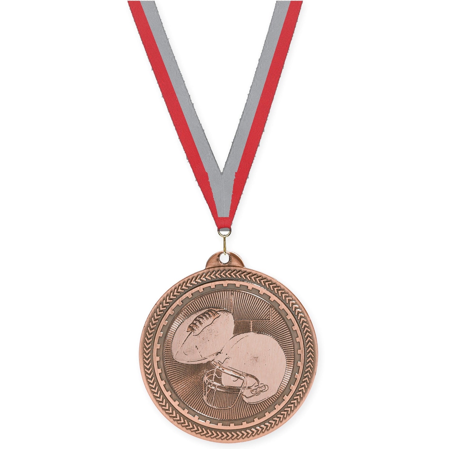 2 inch football Sunburst medal in antique bronze with Red Gray neck ribbon