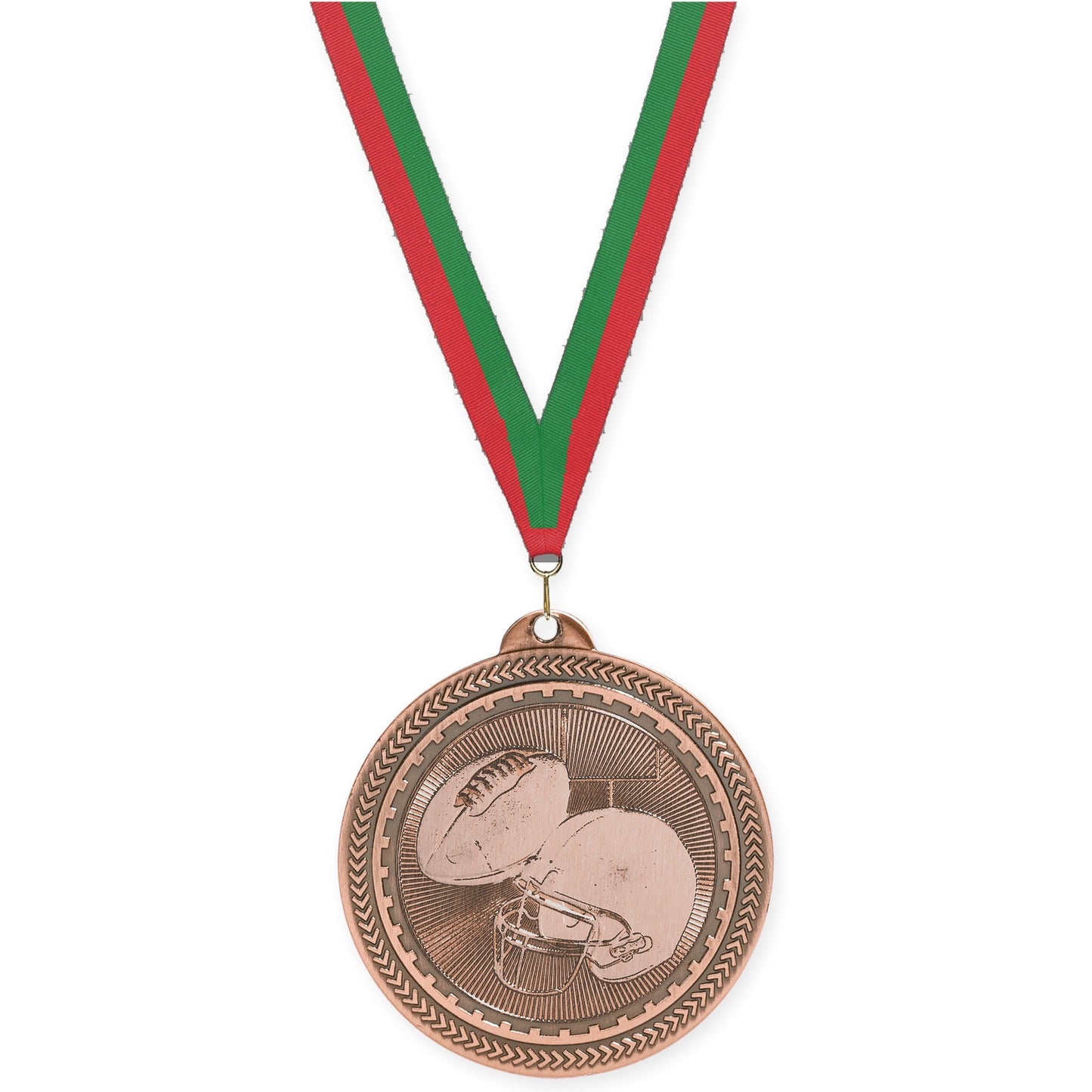 2 inch football Sunburst medal in antique bronze with Red Green neck ribbon