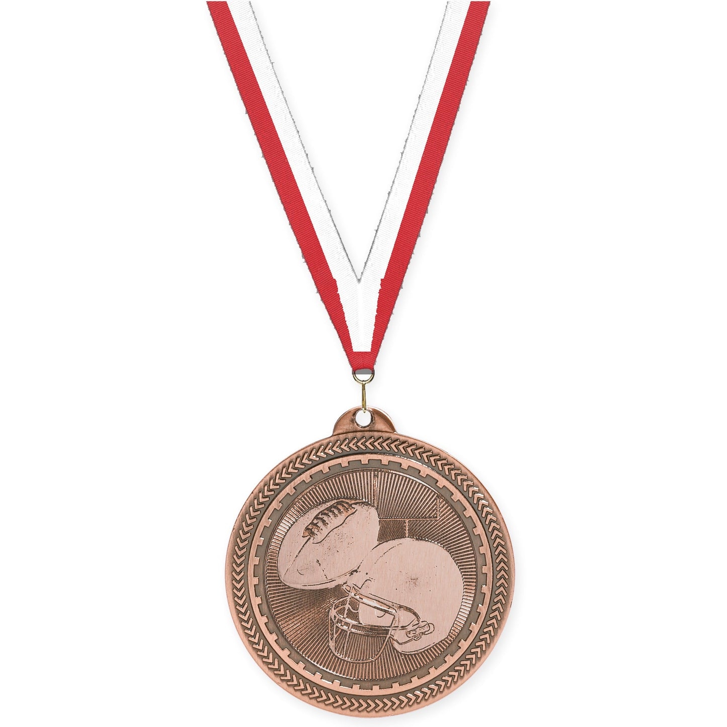 2 inch football Sunburst medal in antique bronze with Red White neck ribbon