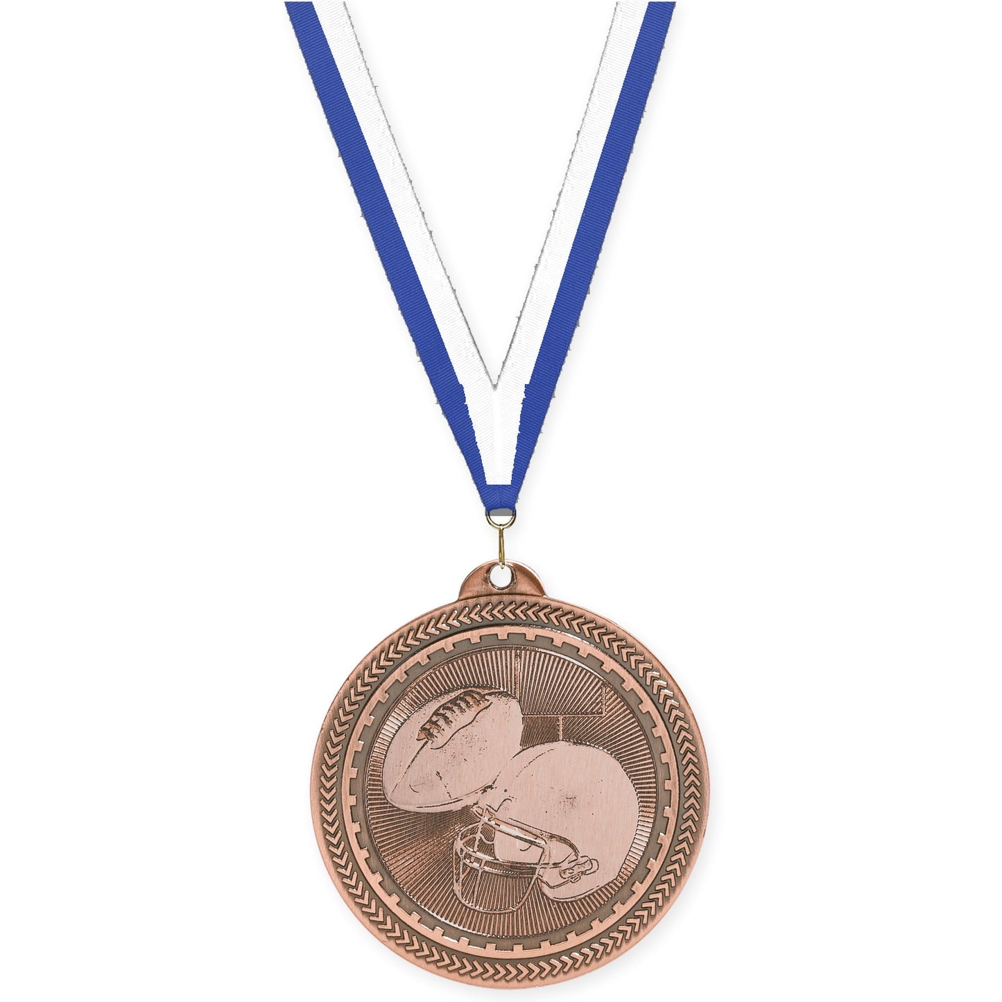 2 inch football Sunburst medal in antique bronze with Blue White neck ribbon
