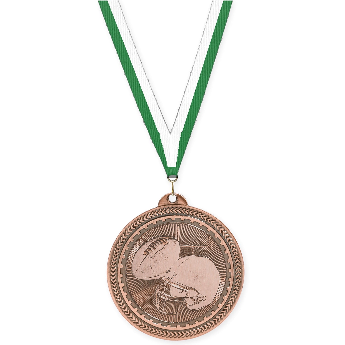 2 inch football Sunburst medal in antique bronze with Green White neck ribbon