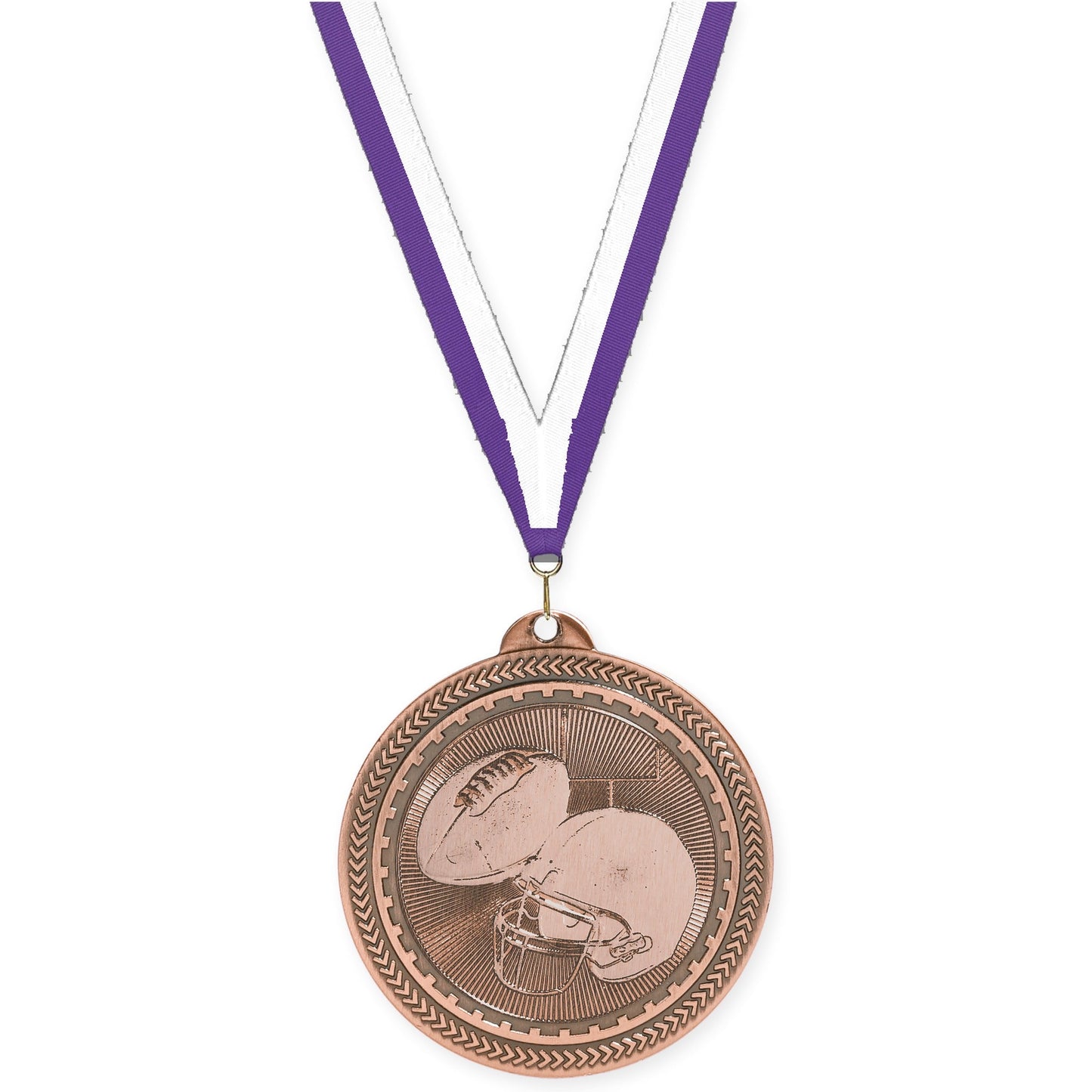 2 inch football Sunburst medal in antique bronze with Purple White neck ribbon