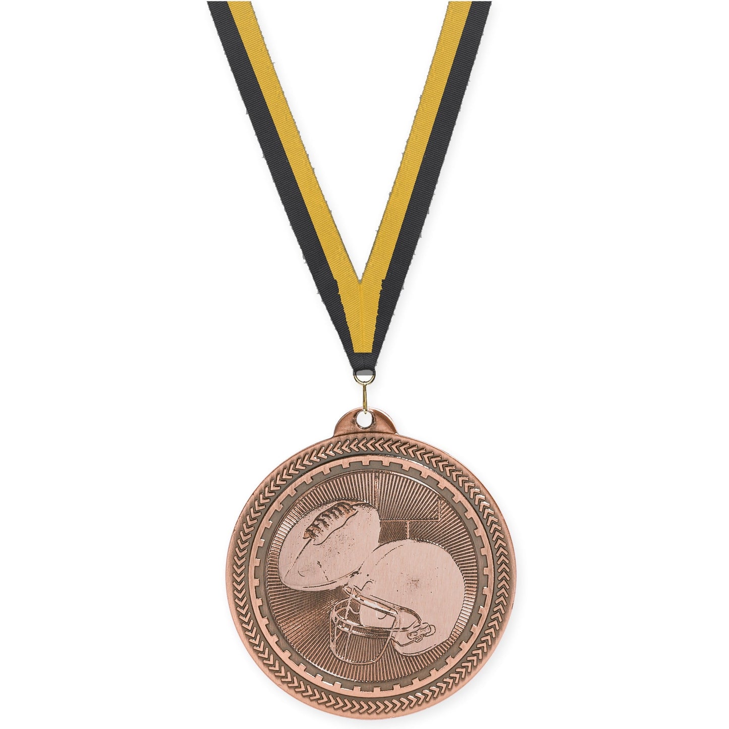 2 inch football Sunburst medal in antique bronze with Black Gold neck ribbon