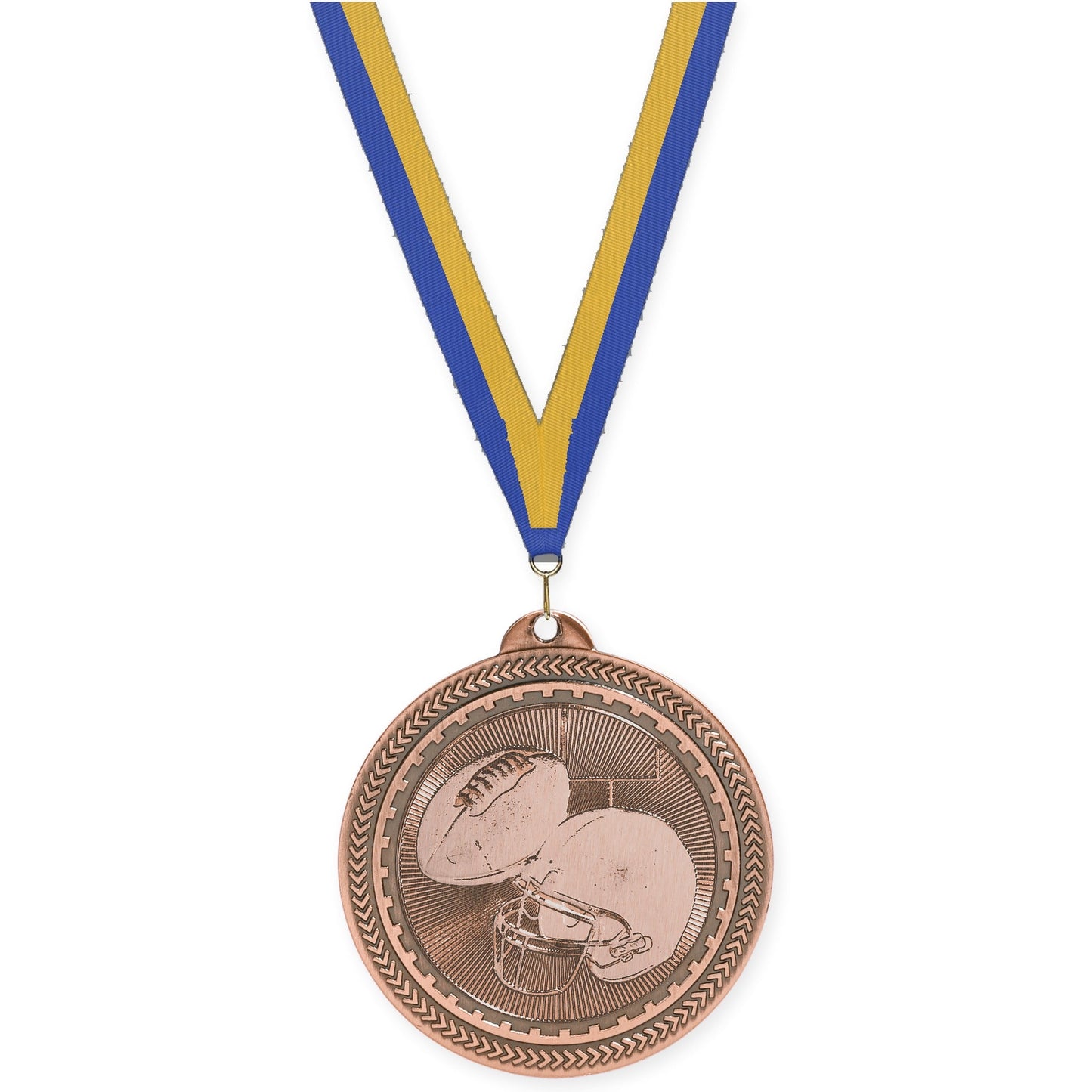 2 inch football Sunburst medal in antique bronze with Blue Gold neck ribbon
