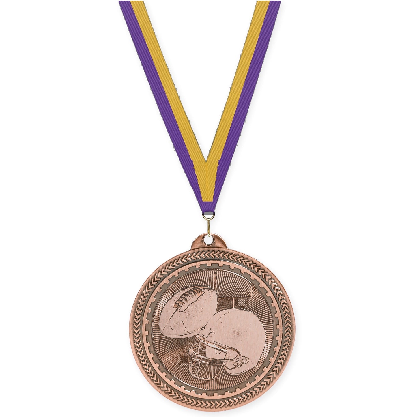 2 inch football Sunburst medal in antique bronze with Purple Gold neck ribbon