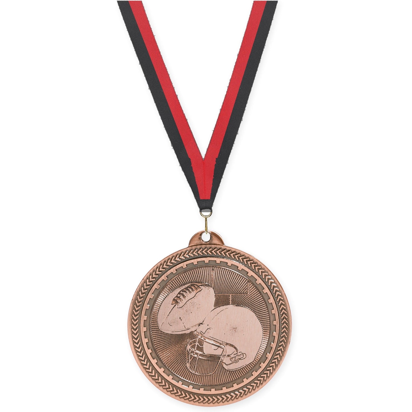 2 inch football Sunburst medal in antique bronze with Black Red neck ribbon