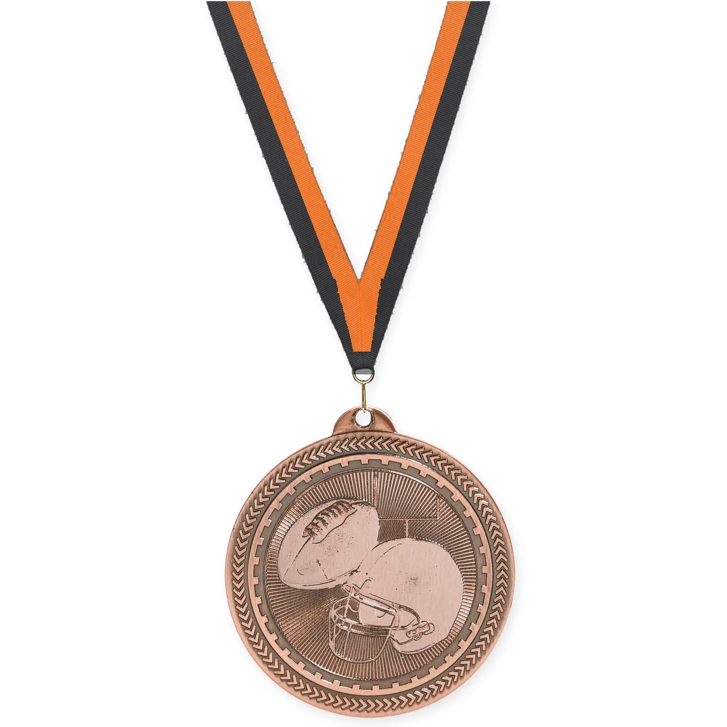 2 inch football Sunburst medal in antique bronze with Black Orange neck ribbon