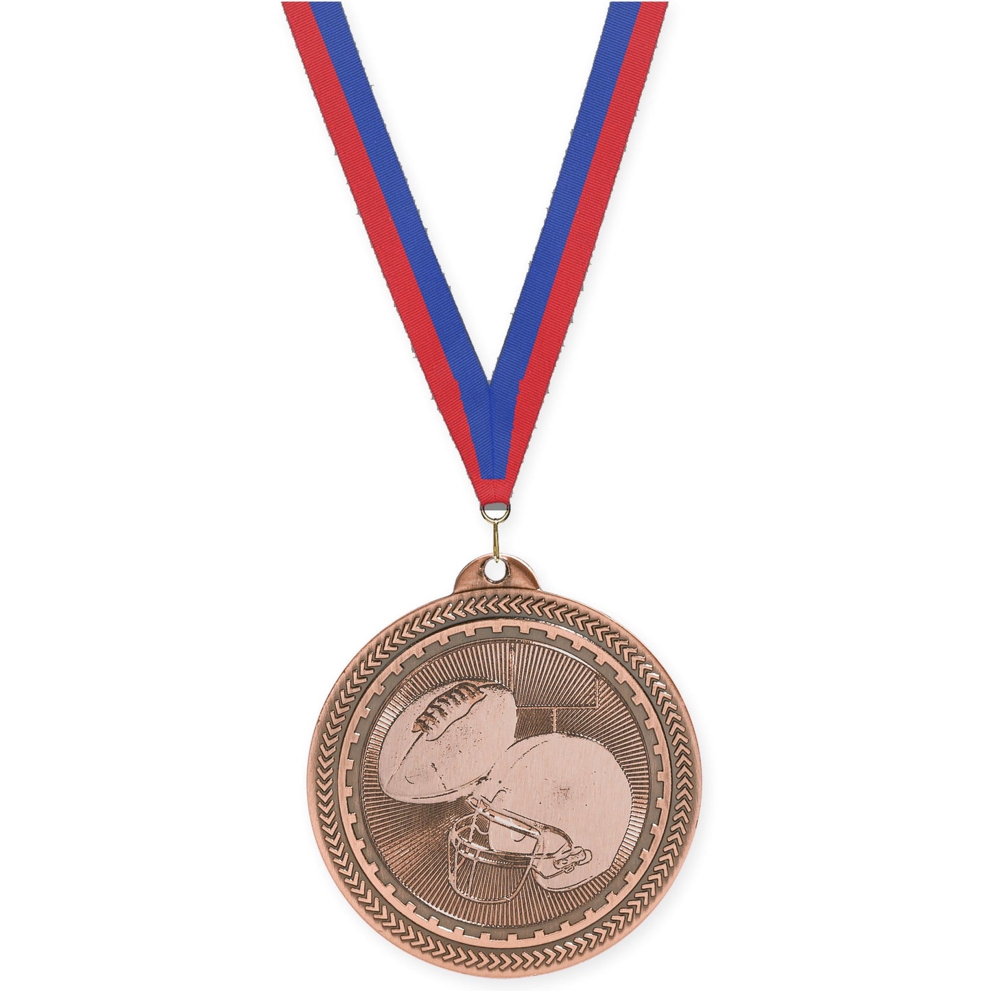 2 inch football Sunburst medal in antique bronze with Blue Red neck ribbon