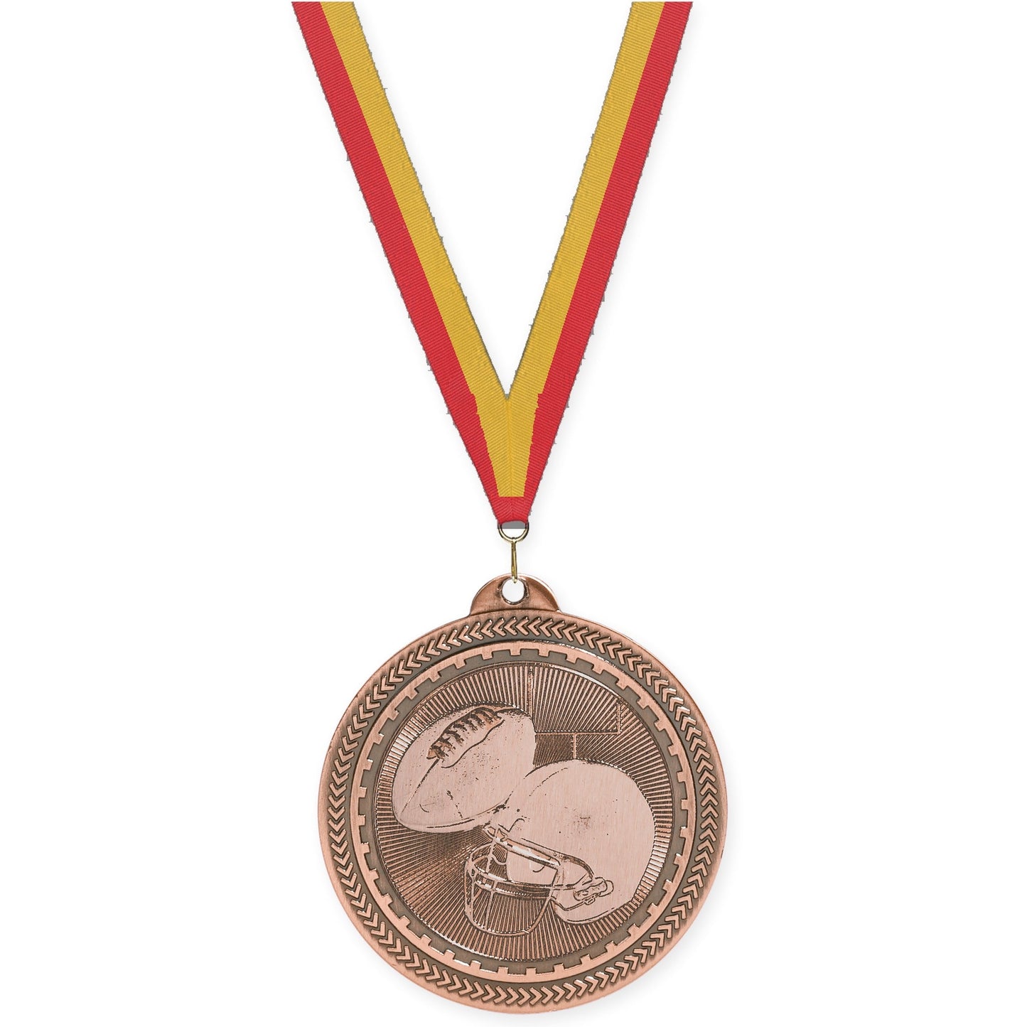 2 inch football Sunburst medal in antique bronze with Red Gold neck ribbon
