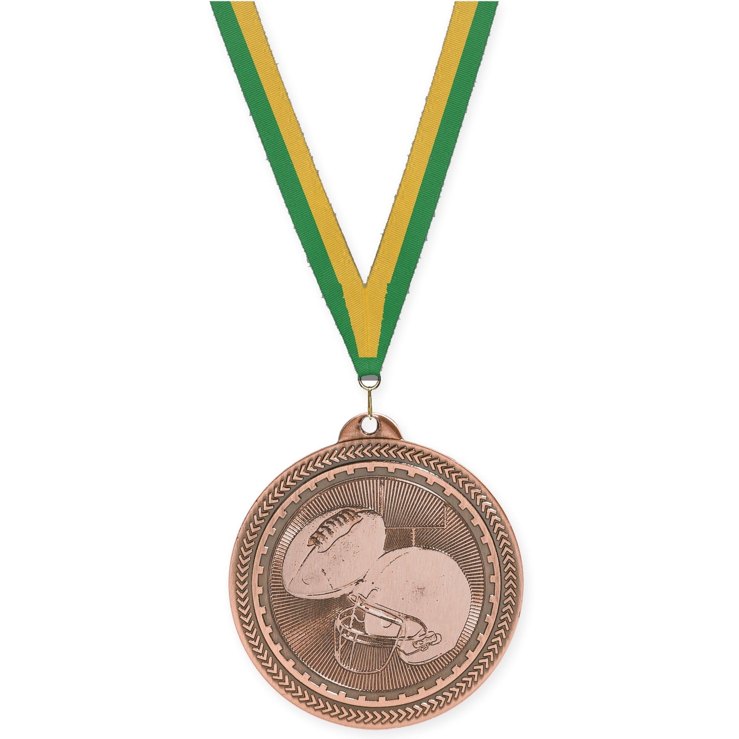 2 inch football Sunburst medal in antique bronze with Green Gold neck ribbon