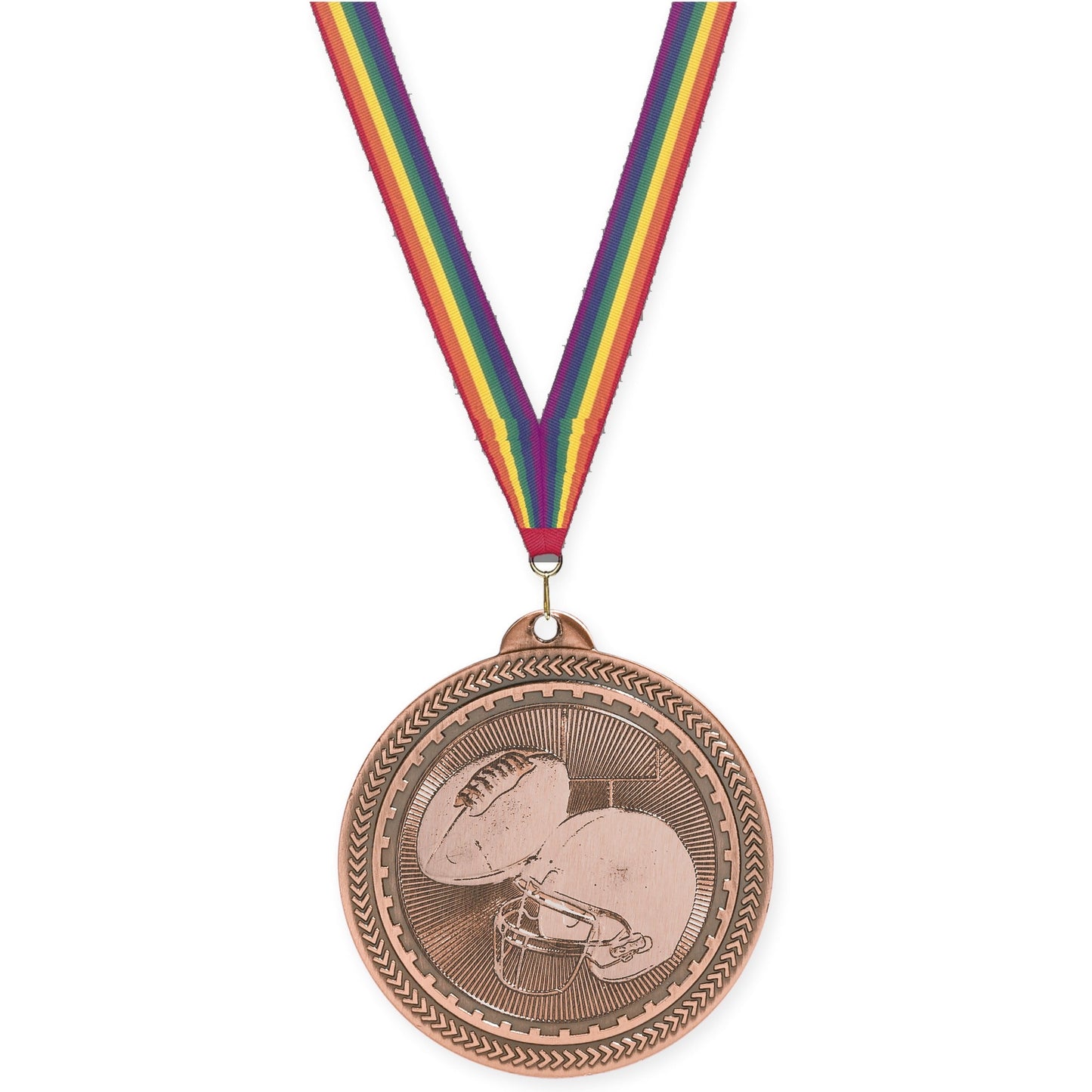 2 inch football Sunburst medal in antique bronze with Rainbow neck ribbon
